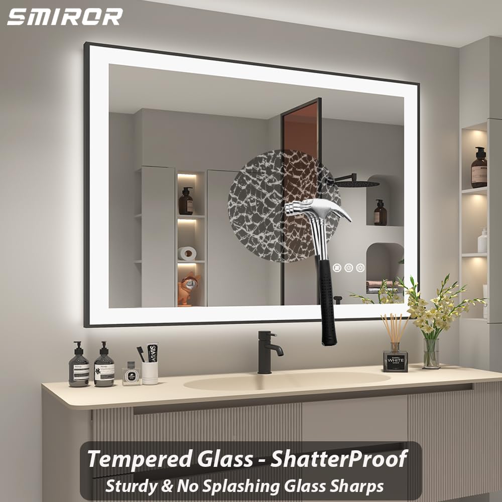 SMIROR 40x38 Inch LED Bathroom Mirror with Dimmable Lights - Matte Black Framed Anti-Fog Vanity Mirror with Memory Function, Shatterproof & ETL Certified (Front/Backlit) - Perfect for Makeup, Shaving & Home Decor
