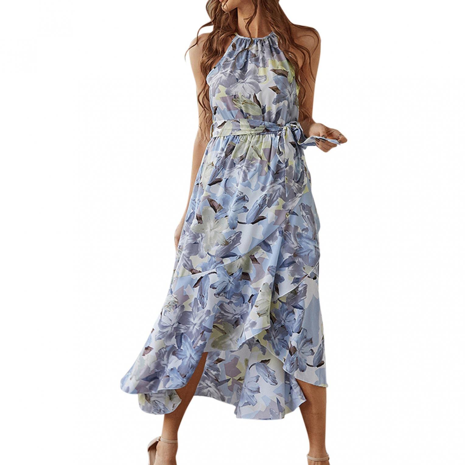 Women's Floral Print Long Maxi Boho Dress - Halter Neck Sleeveless Split Swing Beach Sundress for Spring Summer 2024 | Perfect for Beach Vacations, Outdoor Parties & Casual Wear