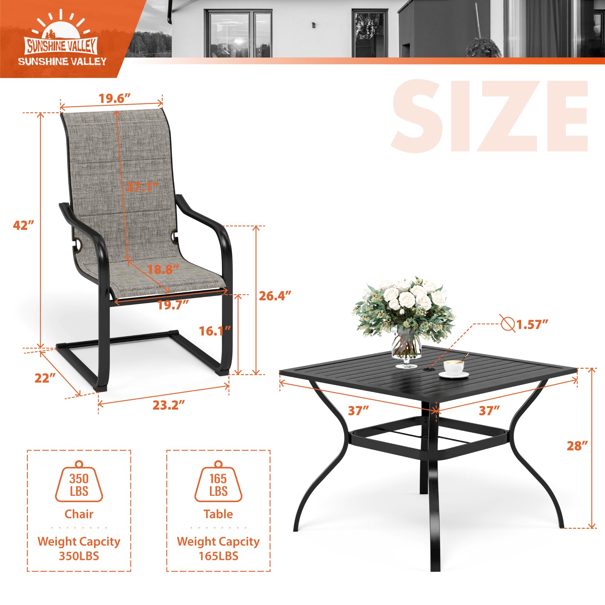 5-Piece Metal Outdoor Dining Set for 4 - Square Patio Table (1.57