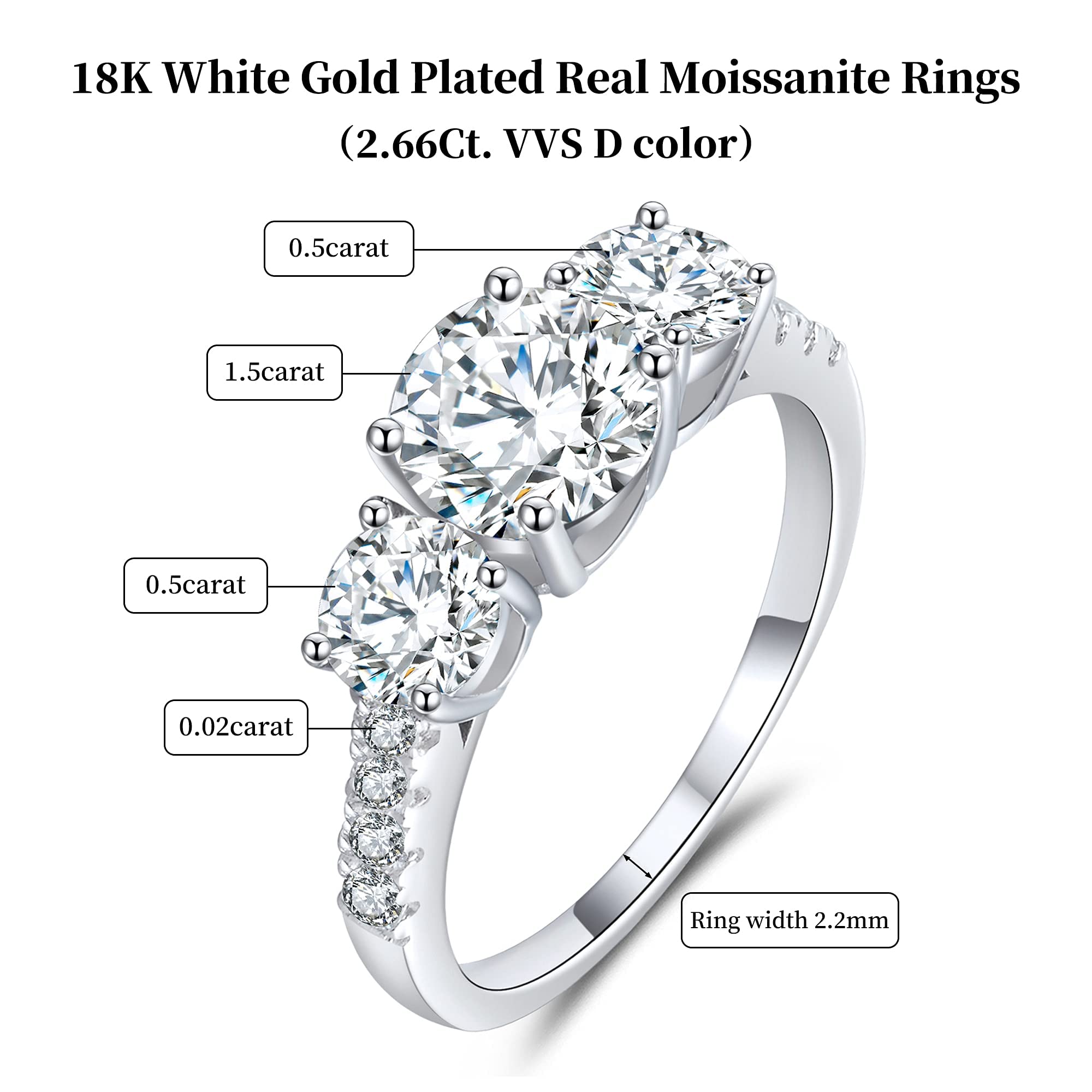 2.66-3ct Moissanite Engagement Ring for Women, 18K White Gold Plated Silver Three Stone Ring, D Color VVS1 Clarity - Perfect for Wedding, Proposal, Anniversary & Promise Gifts (Ideal for Bridal Jewelry & Special Occasions)