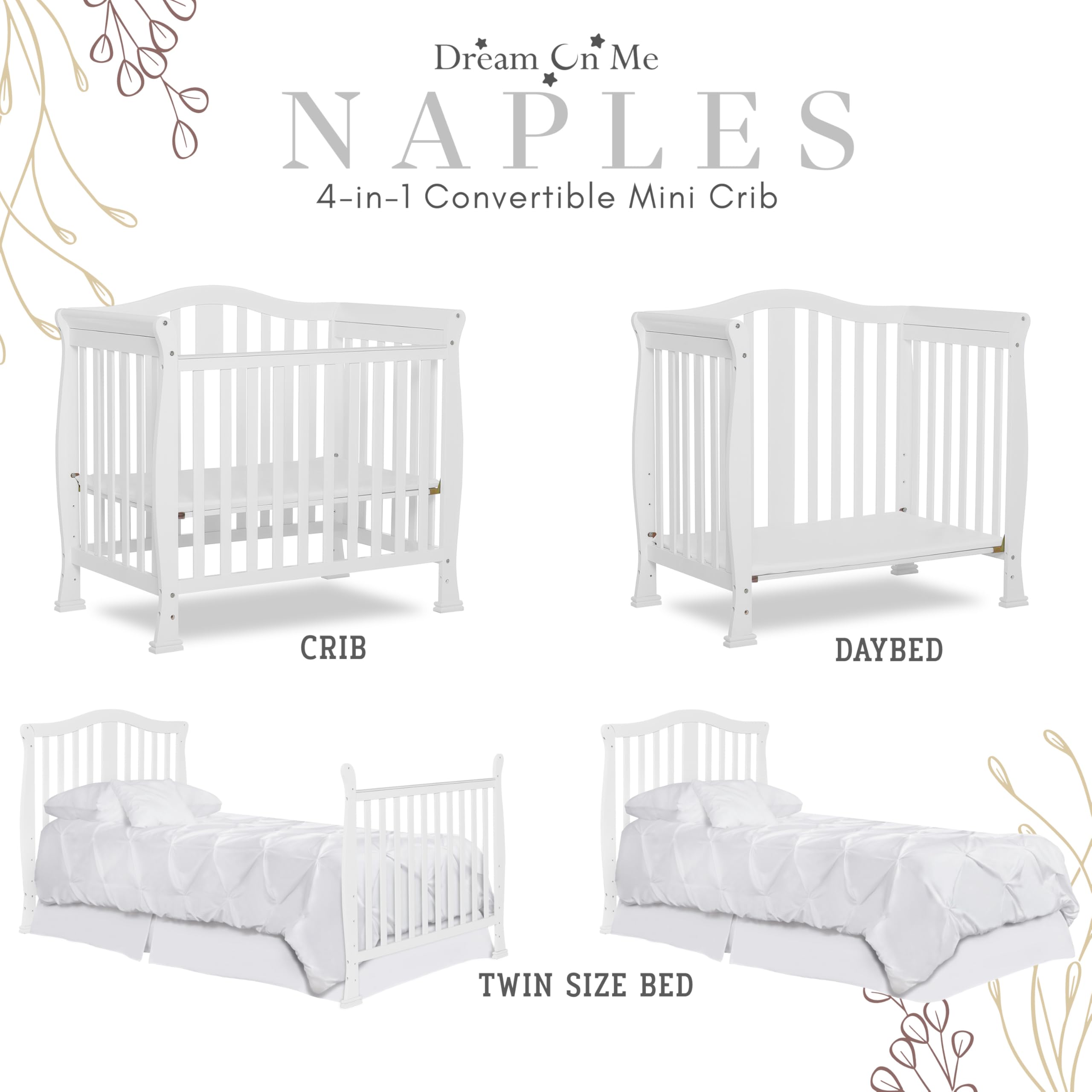 Dream On Me Addison 4-in-1 Convertible Mini Crib - White | GREENGUARD Gold Certified | Non-Toxic New Zealand Pinewood | Includes 1
