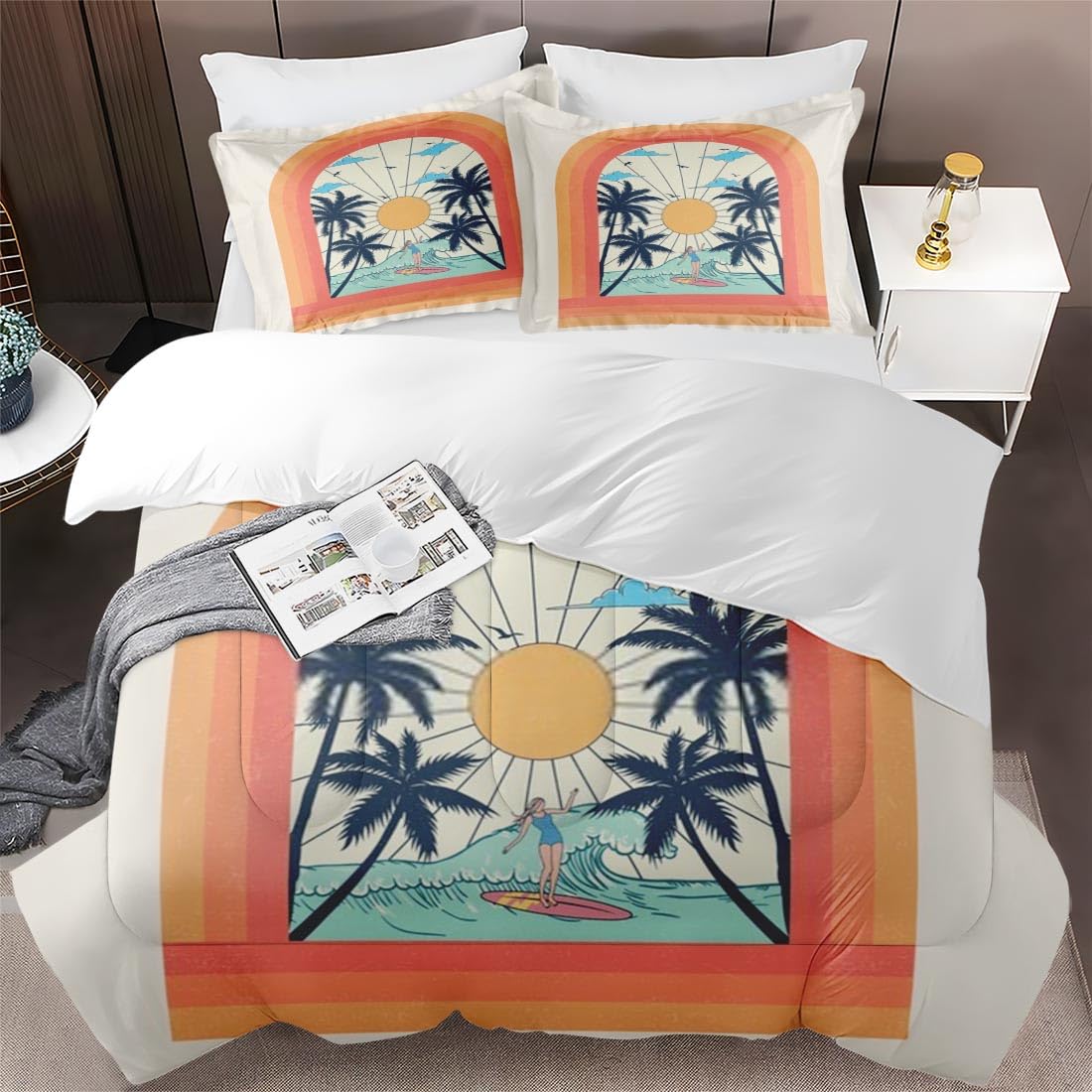 Queen Size Comforter Set - Tropical Palm Beach Summer Bedding for Kids & Adults, Soft Tree Sunset Surfboard Design with 2 Pillowcases - Perfect for Bedroom Decor, Guest Rooms & Vacation Homes