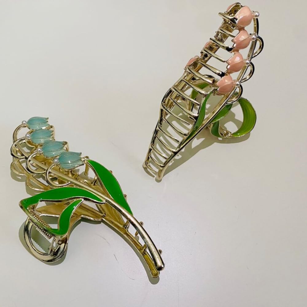 RSJ TRADERS - 2PCS Tulip Hair Claw Clips for Women, Fairy Flower Hair Clips, Large Metal Hair Clips for Ponytail, Trendy Hair Accessories for Women & Girls (Pink, Blue) - Perfect for Parties, Weddings & Daily Styling