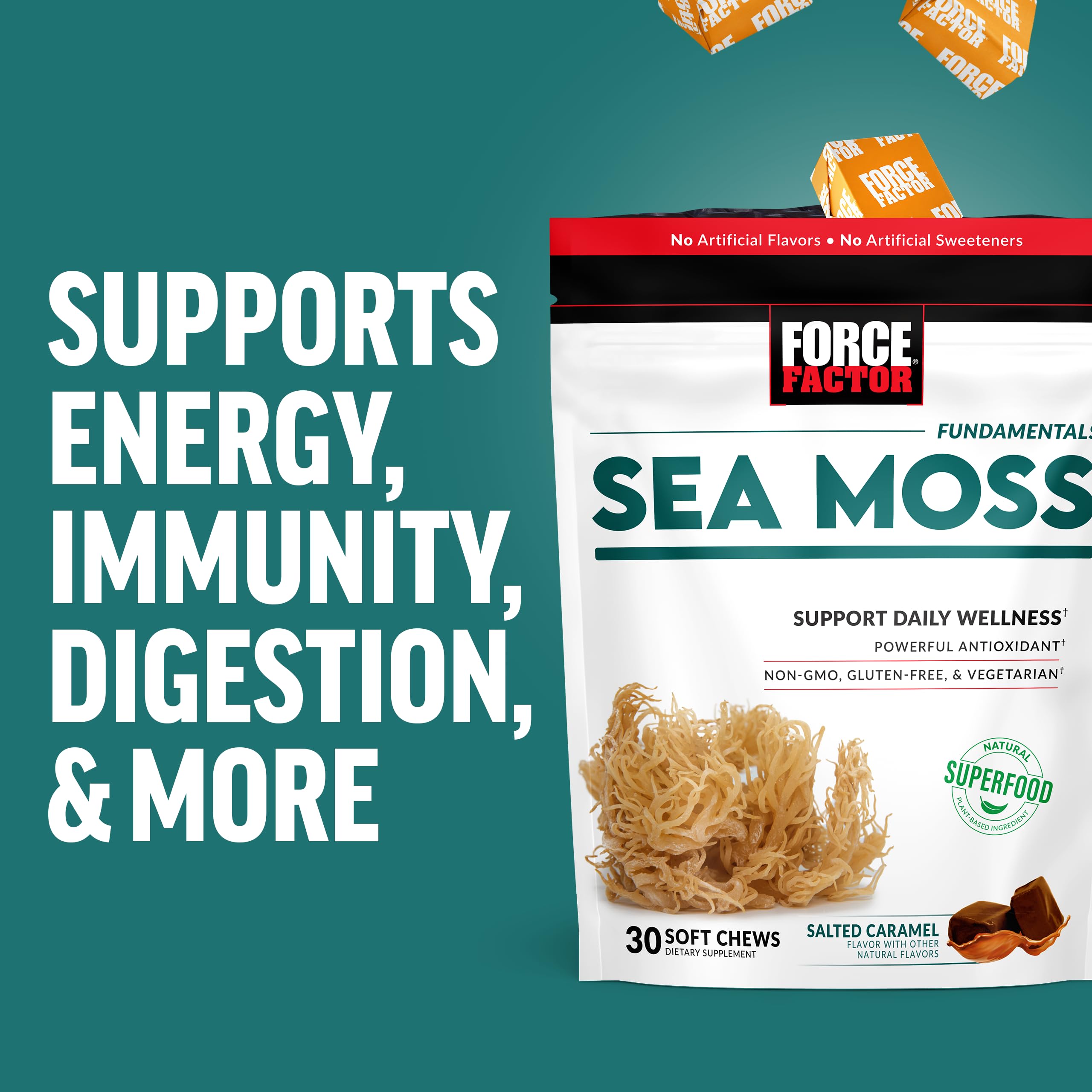 FORCE FACTOR Sea Moss Soft Chews - Immune Support & Heart Health Supplement | Irish Sea Moss Superfood with Antioxidants | Non-GMO, Gluten-Free, Salted Caramel Flavor | 90 Soft Chews (3 Packs, 18 oz) | Perfect for Daily Wellness & On-the-Go Nutrition