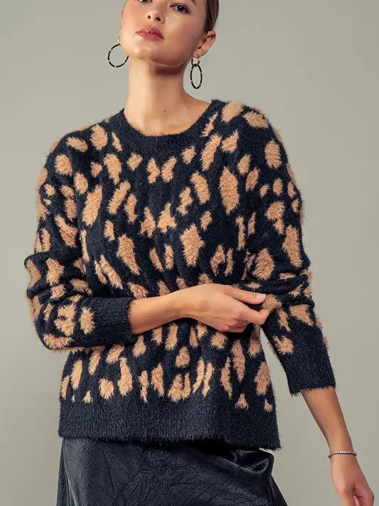 Animal Print Crewneck Sweater for Women - Cozy Long Sleeve Pullover - Fall Winter Fashion Top - Perfect for Casual Outings, Office Wear & Holiday Parties