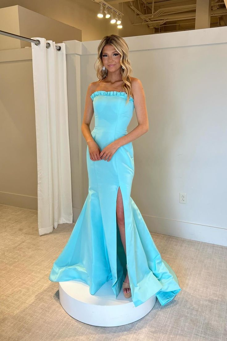Elegant Blue Satin Ruffle Prom Dress - Strapless Mermaid Evening Gown for Homecoming & Formal Parties | Perfect for Prom Night, Quinceañera & Special Occasions