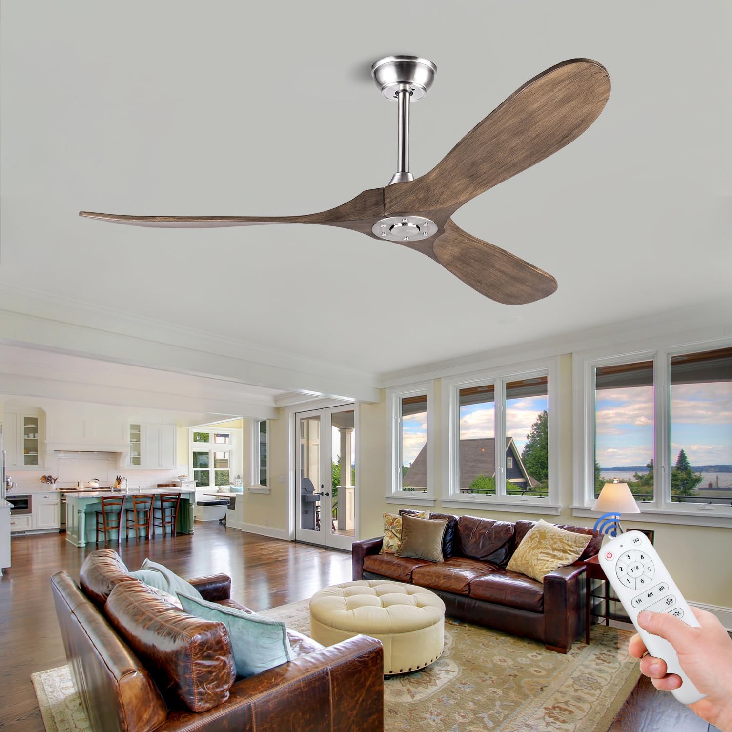 BOJUE 60 Inch Ceiling Fan No Light with Remote Control, 3 Solid Wood Blades, Reversible DC Motor - Quiet Energy Efficient Indoor Outdoor Ceiling Fan for Living Room, Bedroom, Farmhouse, Patio, Porch (Nickel Finish)