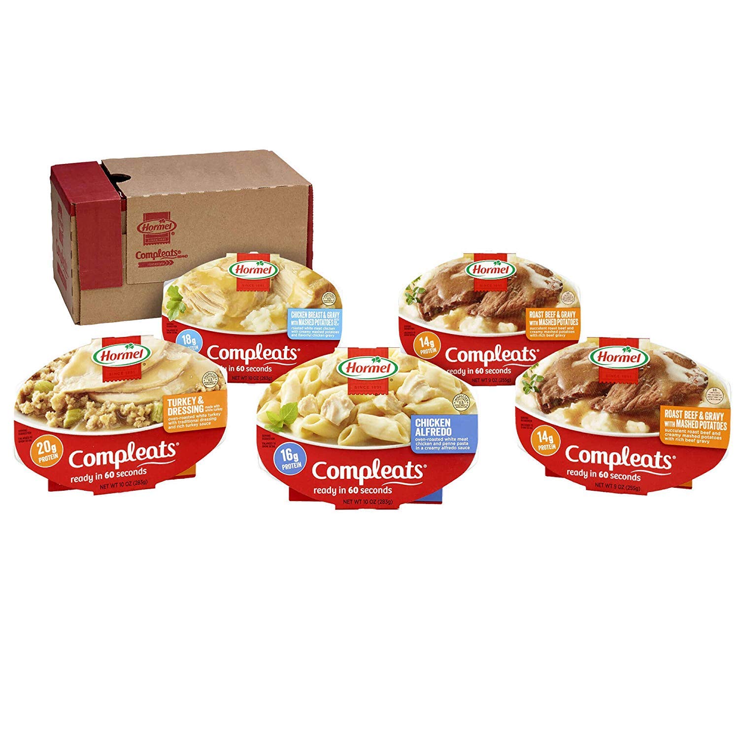 Hormel Compleats Protein Variety Pack - Microwave Meals - No Refrigeration Needed - 10 Ounce (Pack of 6) - Quick & Easy Lunch for Office, Camping & Emergency Preparedness