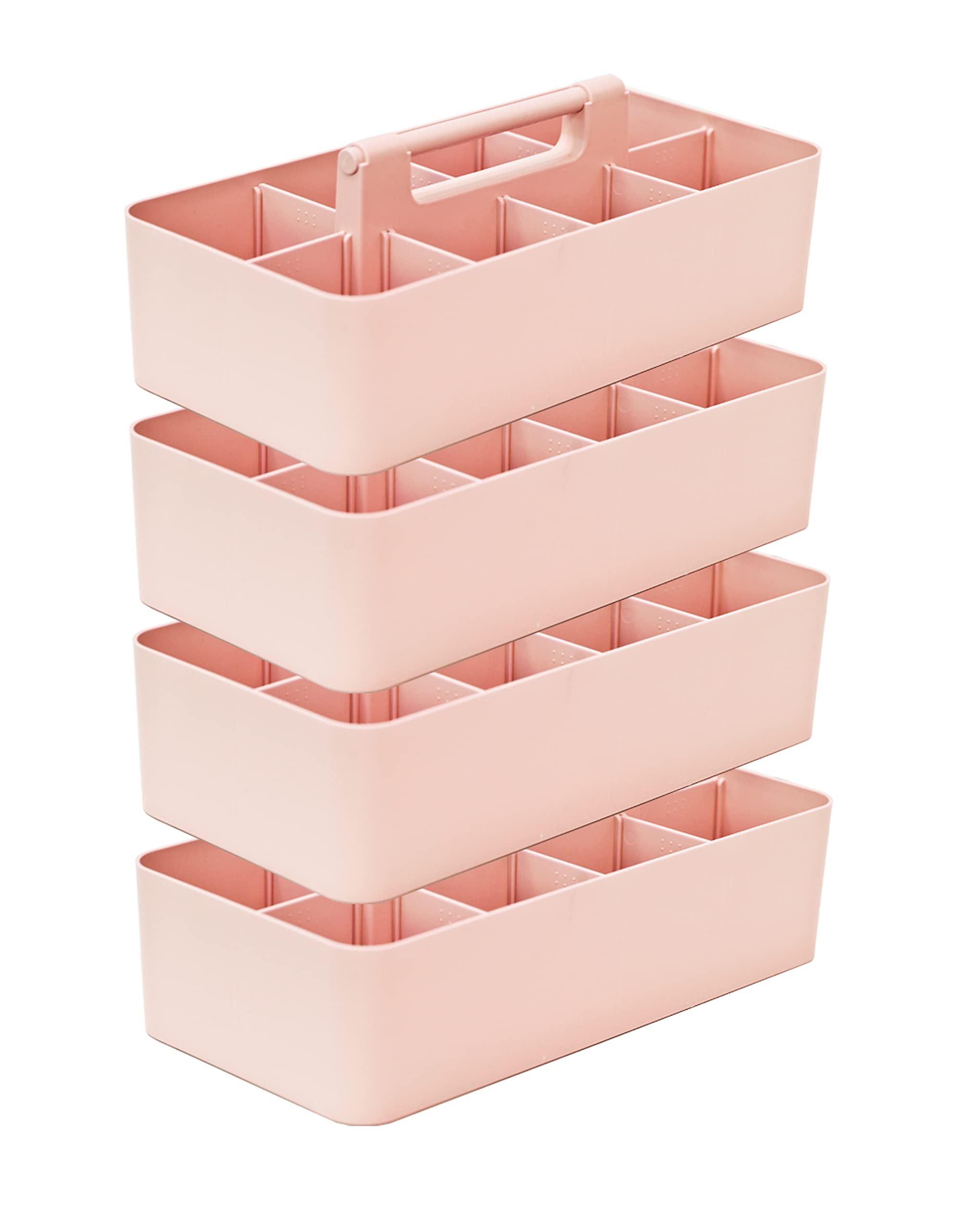Large Portable Caddy with DIY Dividers - 8 Compartment Storage Organizer for School, Home & Office - Modern Handle Basket for Craft Supplies, Office Essentials & Household Items (4-Pack, Indie Pink) - Made in USA