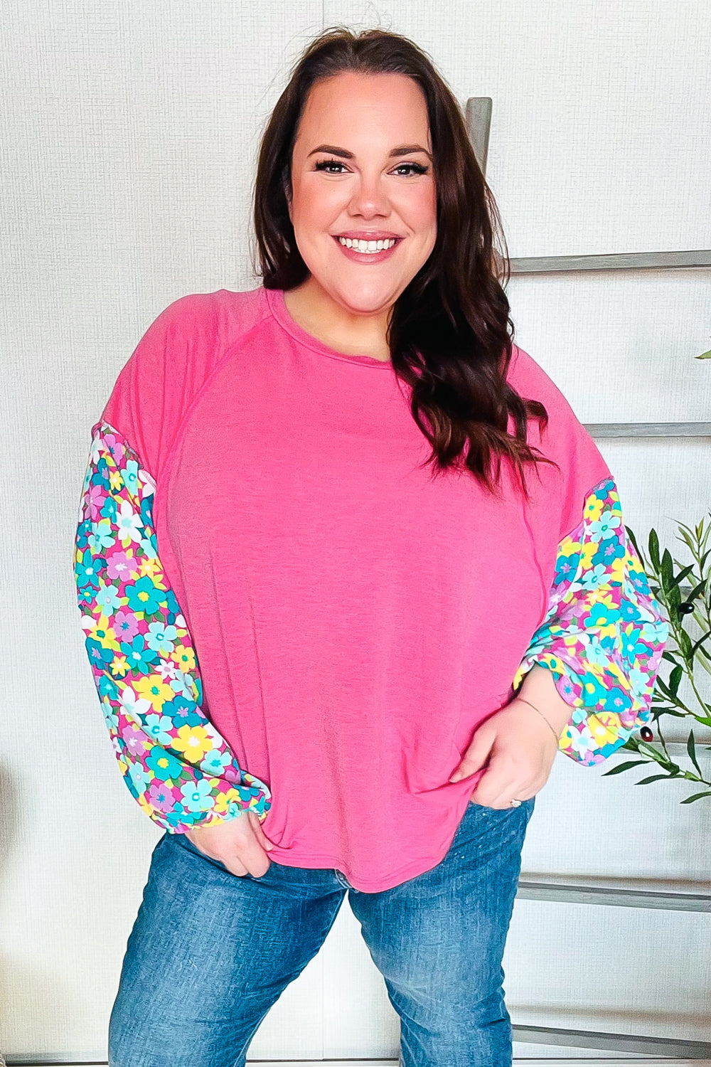 Pink Floral Bubble Sleeve French Terry Pullover Sweatshirt - Women's Casual Loungewear for Spring & Fall Fashion