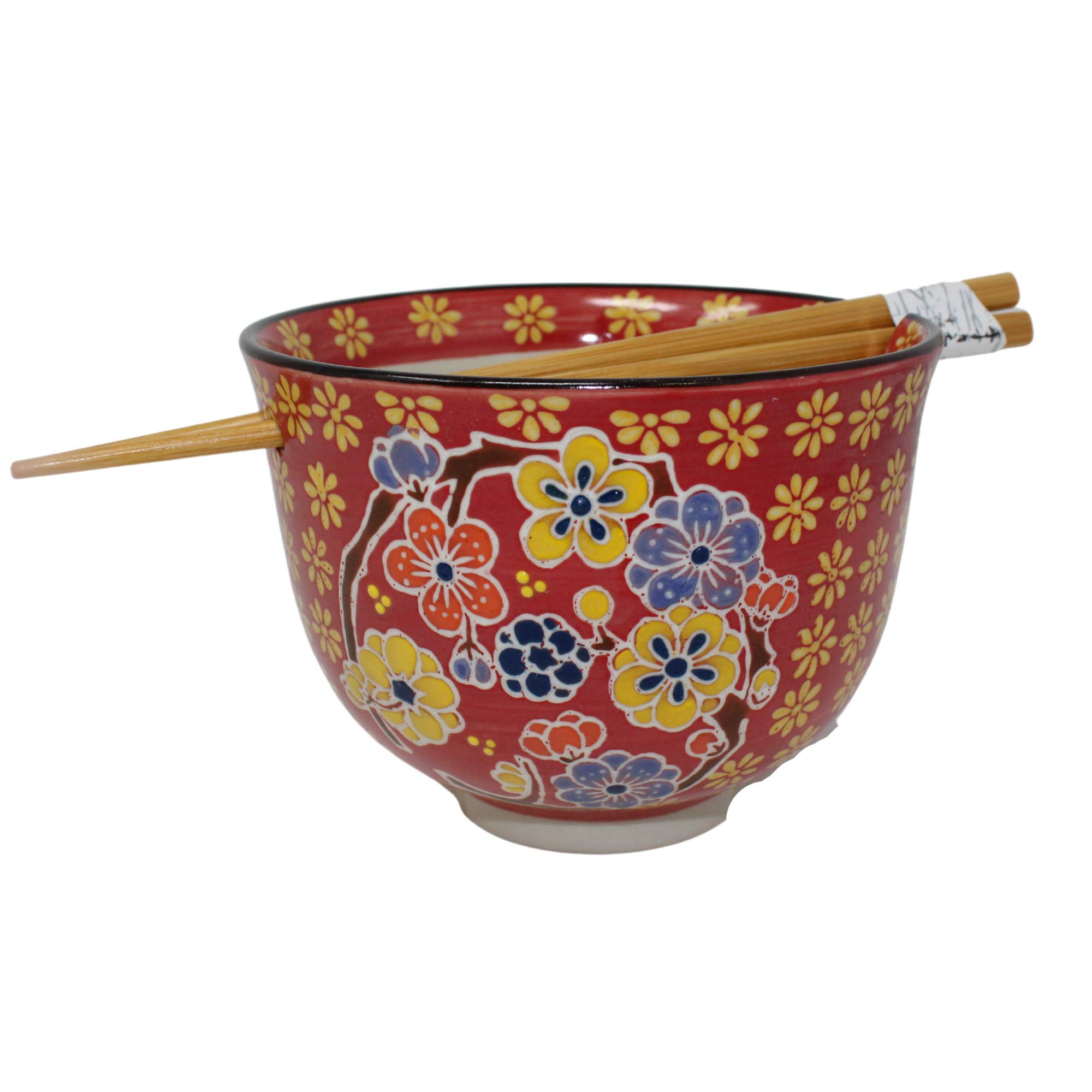 Needzo Red Floral Bowl with Chopsticks Holder & Wooden Chopsticks Set - 5 x 4 Inch Asian Soup Bowl for Ramen, Pho, Noodles | Perfect for Home Dining, Japanese Restaurants & Gift Giving
