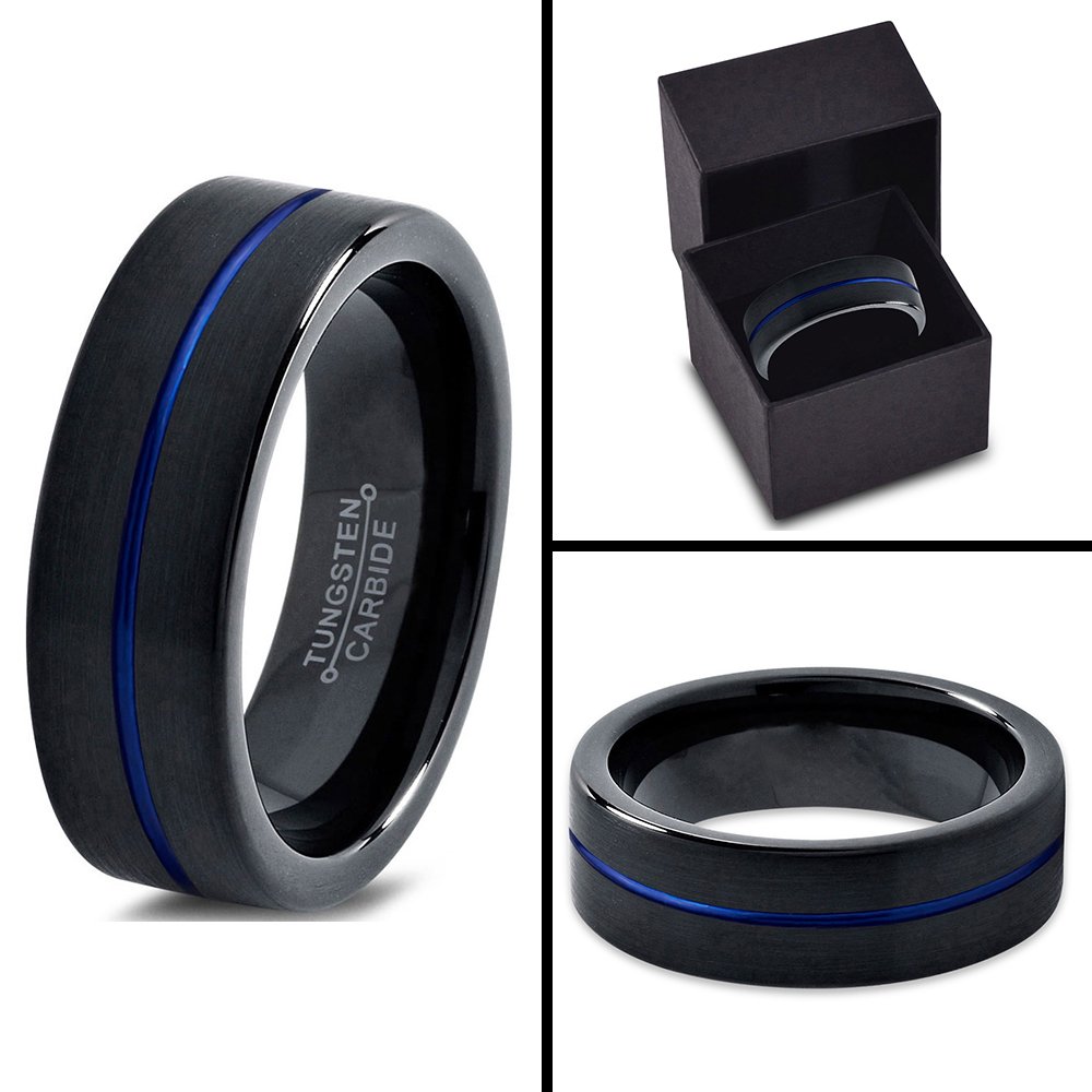 6mm Tungsten Carbide Wedding Band Ring for Men & Women - Blue & Black Center Line, Flat Cut, Brushed & Polished Finish - Custom Engraved for Anniversary & Engagement - Perfect for Everyday Wear, Special Occasions & Gift Giving