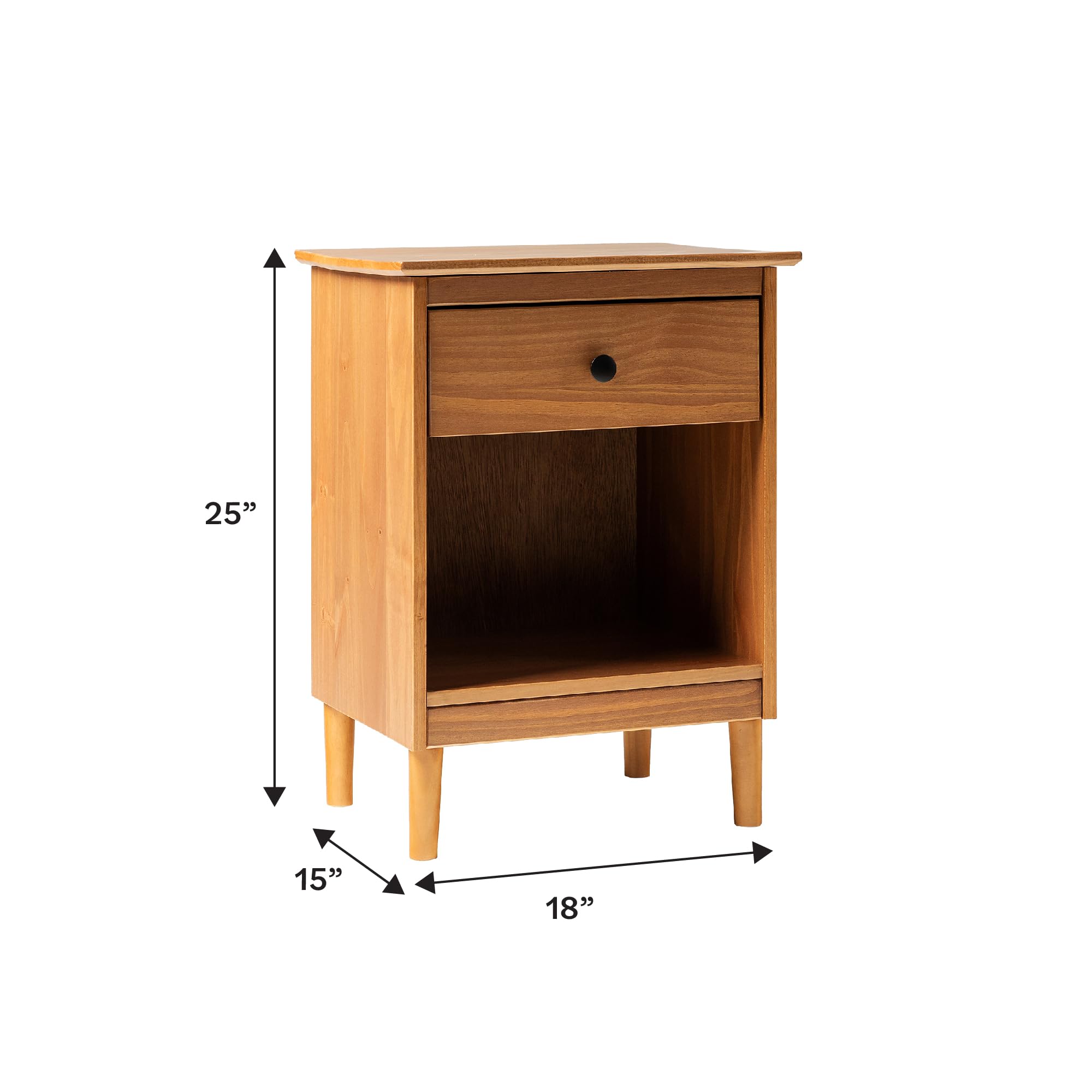 Walker Edison Traditional Wood 1-Drawer Nightstand Side Table - 18 Inch Caramel Finish Bedroom Storage with Shelf - Perfect for Bedside, Living Room, or Office Use