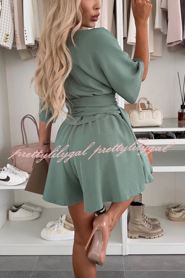 Stylish Comfortable V-Neck Wide Sleeve Tie-Up Loose Romper for Women - Summer Casual Outfit, Beach Cover-Up, Lounge Wear, and Vacation Essentials