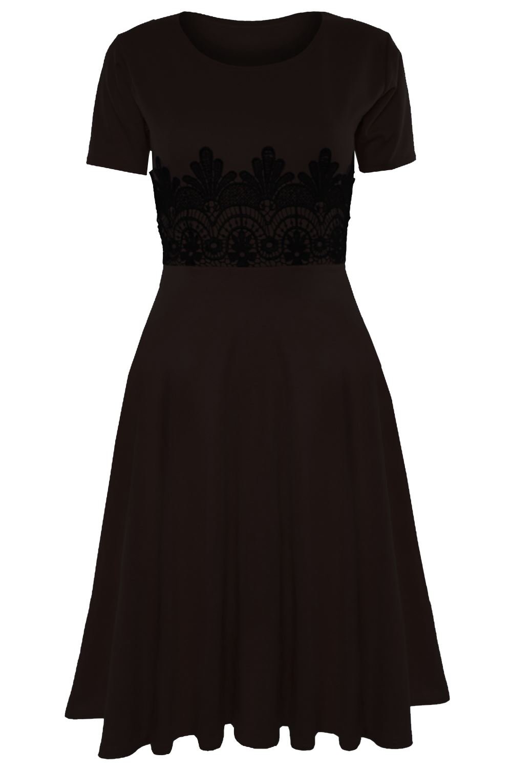 Oops Outlet Women's Cap Sleeve Waist Lace Insert Flared Skater Midi Dress - Elegant Summer Casual & Party Wear for Women