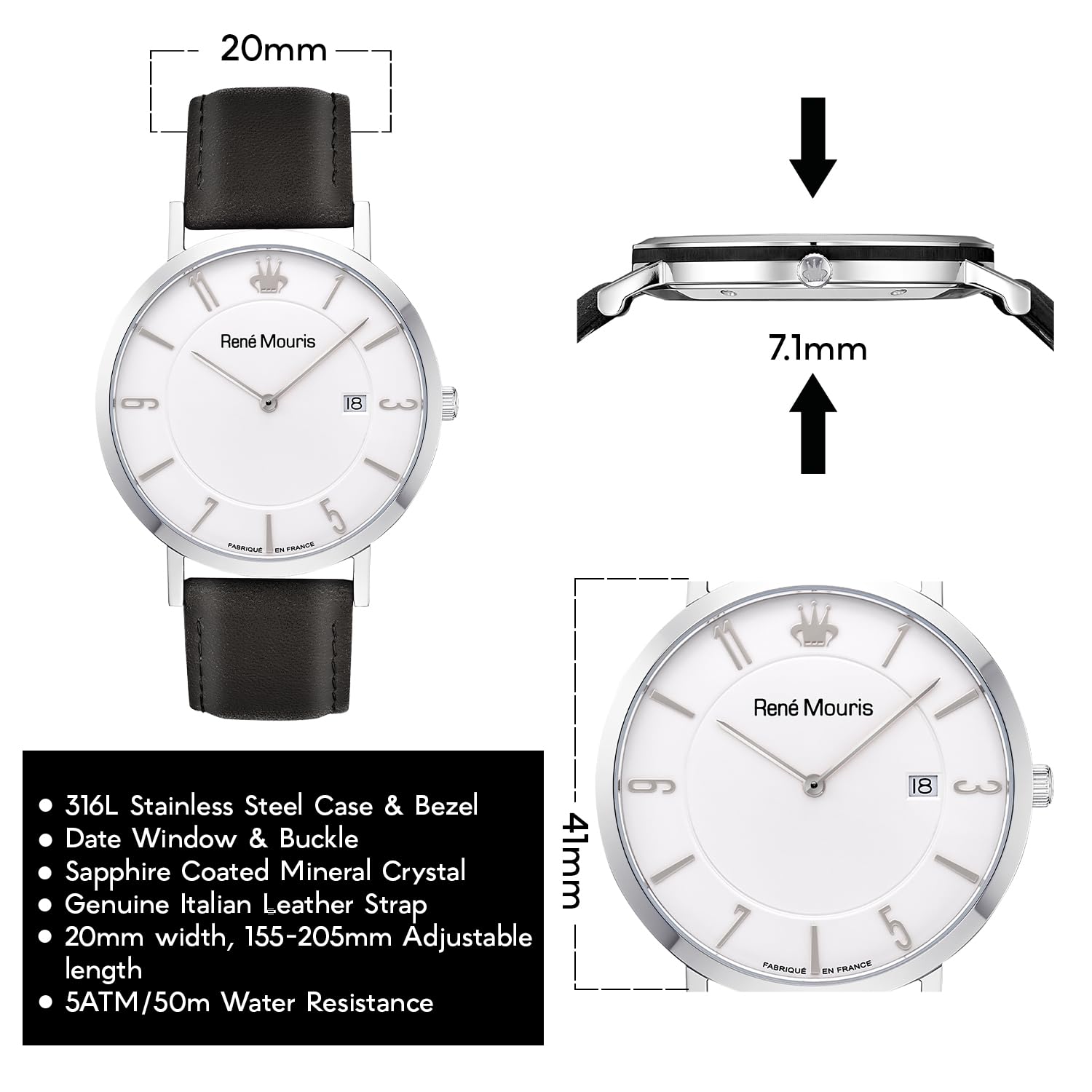 René Mouris L'Emporter Men's Quartz Watch - 41mm 316L Stainless Steel Case, Sapphire Coated Mineral Crystal, 50M Waterproof with Italian Leather Strap | Classic Dress Watch for Business, Office & Formal Occasions