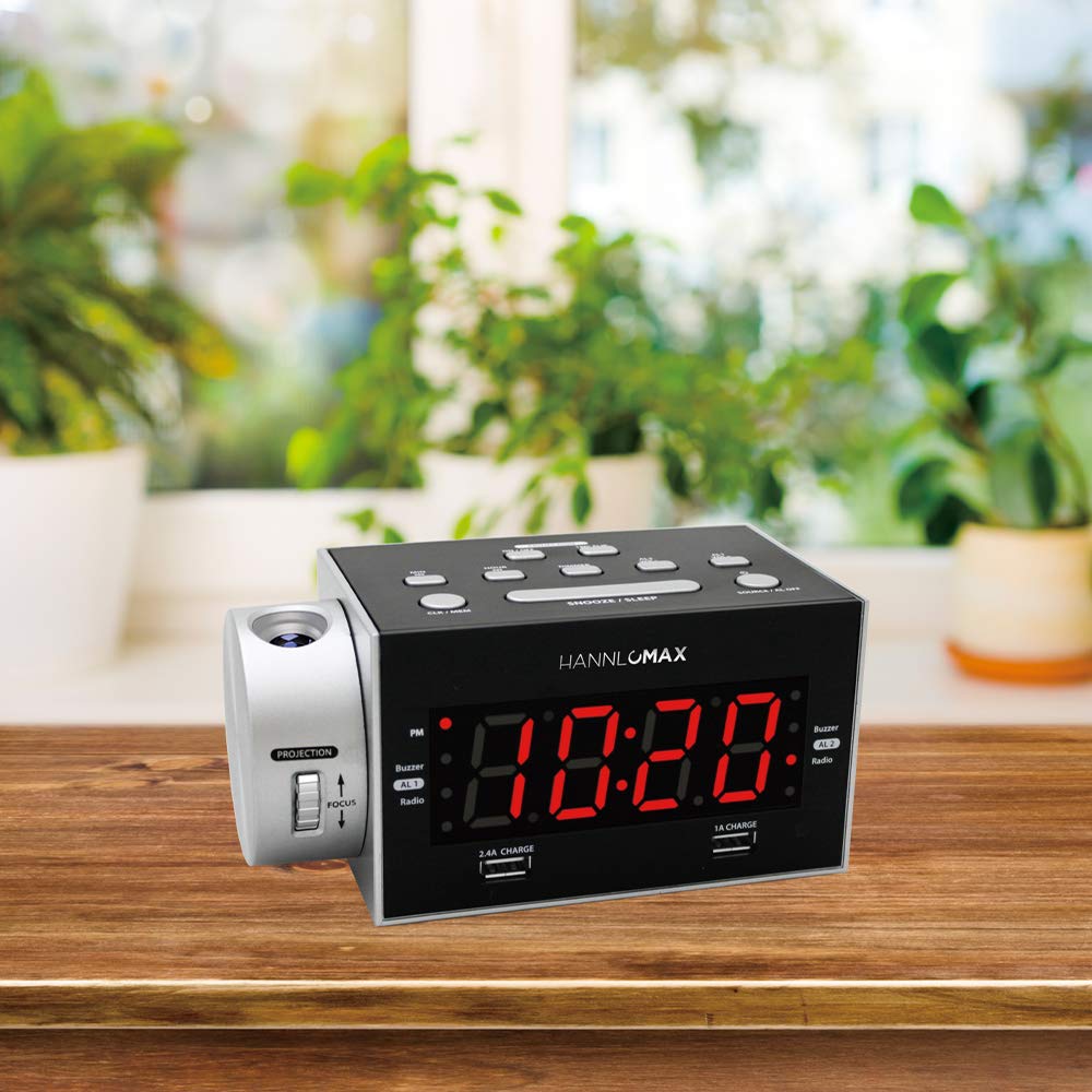 HANNLOMAX HX-135CR Projection Alarm Clock Radio with Dual USB Charging Ports (2.4A+1A), FM Radio, Dual Alarms & 1.2