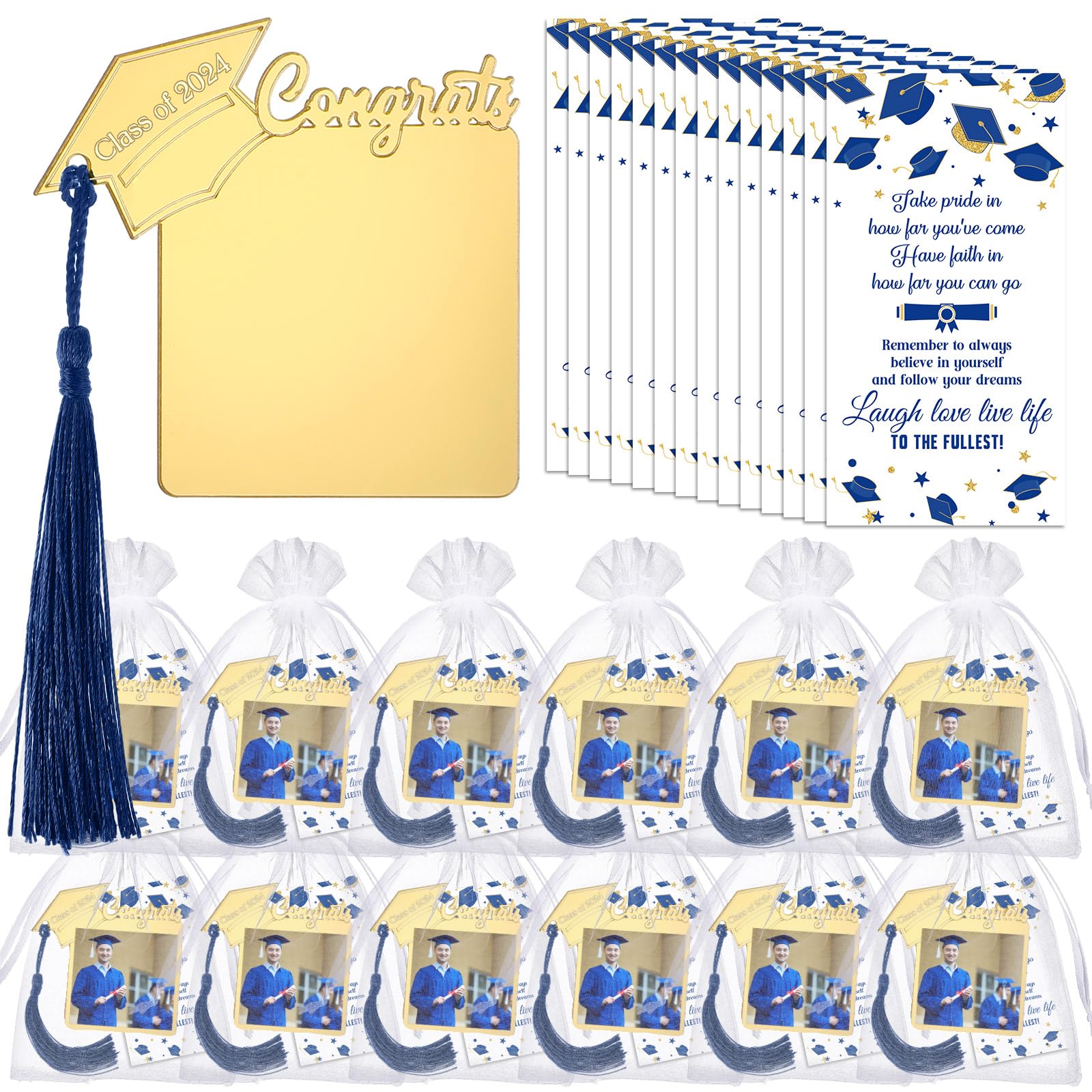 Threehoney 12-Piece Graduation Party Favors Set - Class of 2024 Magnetic Cap, Acrylic Photo Frame, Mini Tassel Kit, Graduation Cards & Organza Bags - Perfect College Graduation Gifts for Seniors (Royal Blue) | Great for Graduation Ceremonies, Parties & School Events