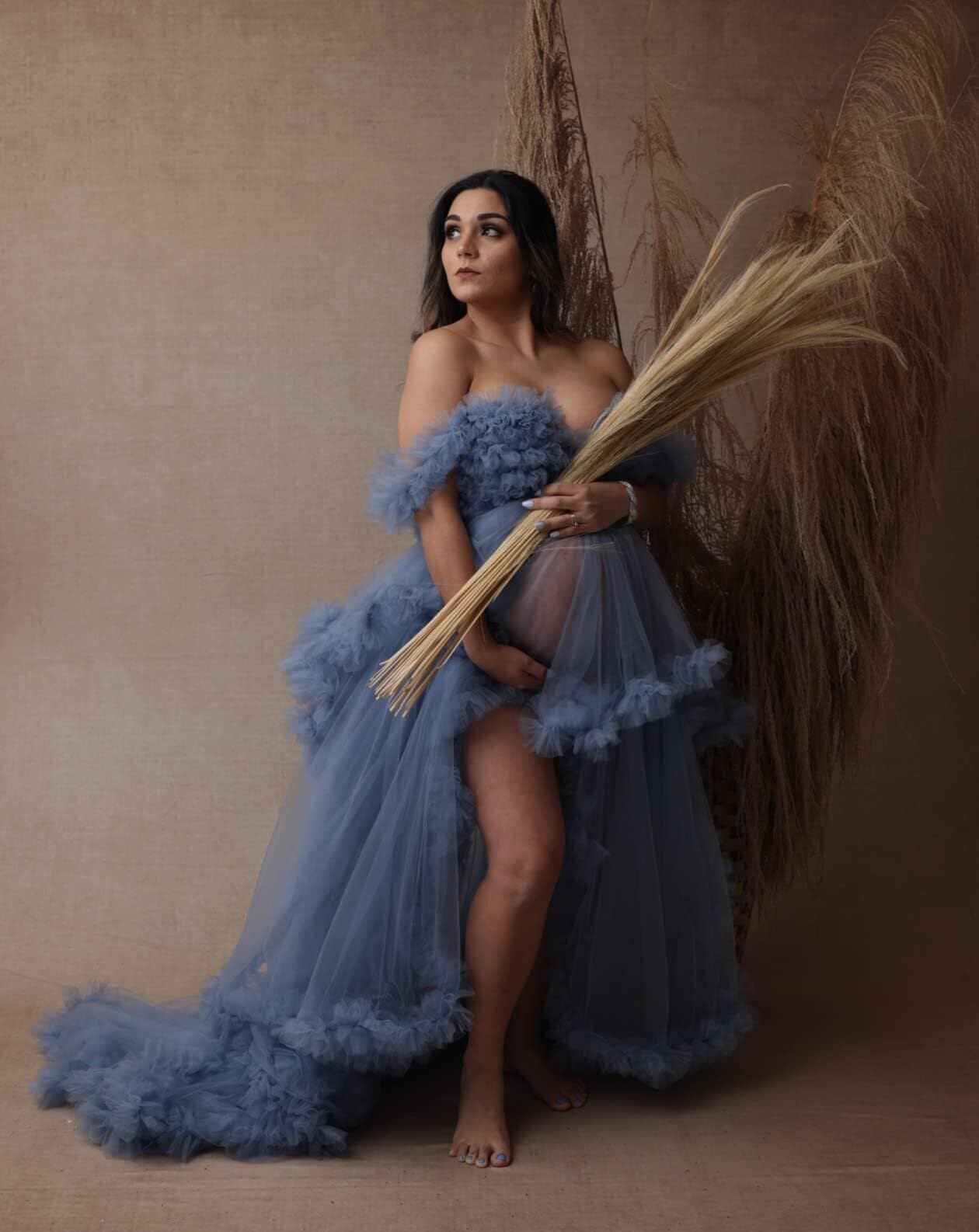 Elegant Tulle Maternity Dress for Photoshoot - Puffy Ruffles Pregnancy Gown, Sheer Baby Shower & Bridal Lingerie Robe - Perfect for Maternity Photos, Baby Showers, and Bridal Boudoir Sessions