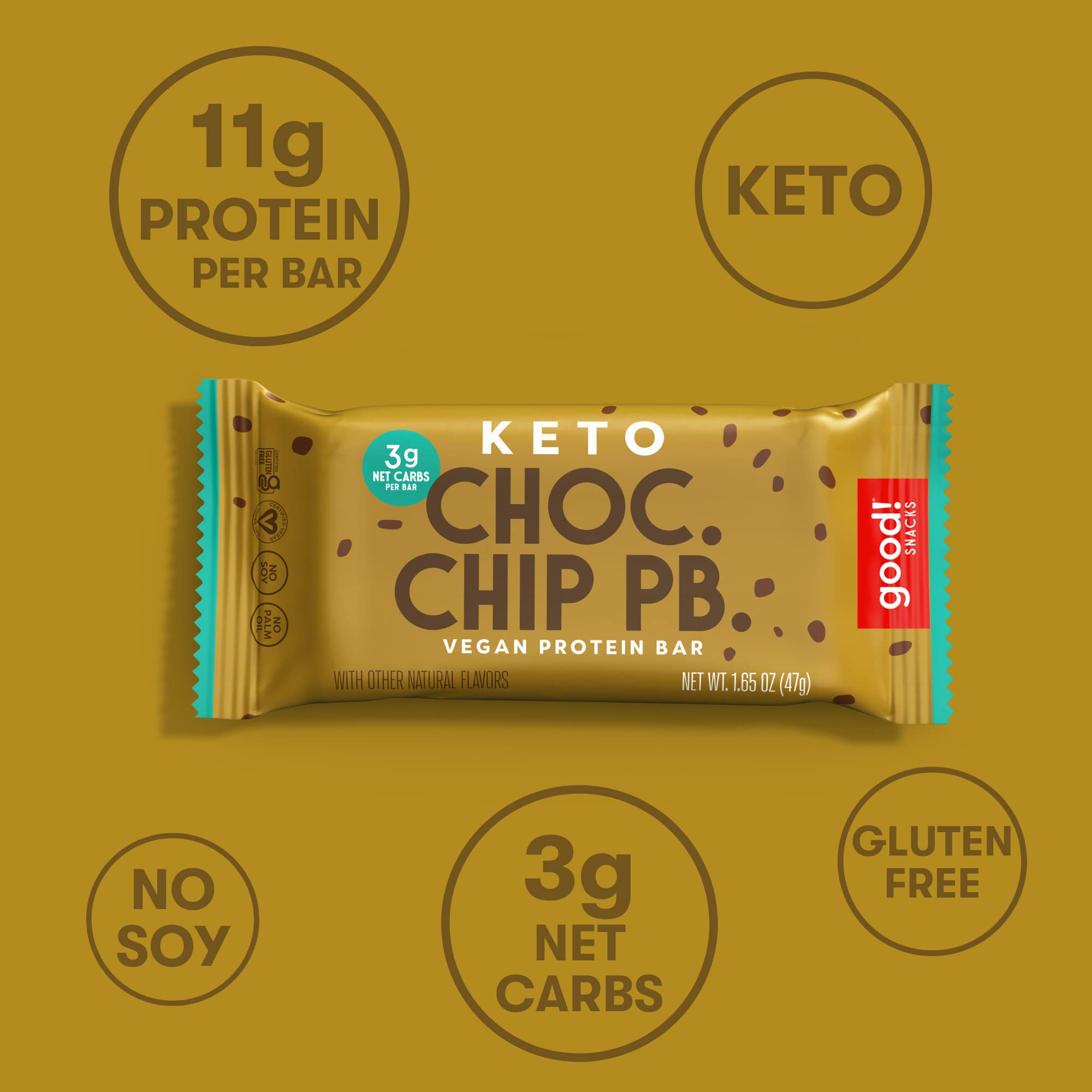 Keto Vegan Protein Bars - Chocolate Chip Peanut Butter, Gluten Free Low Carb Snack (12 Bars) | High Protein (11g), Low Sugar (3g Net Carbs) Meal Replacement for Weight Loss & Fitness | Perfect for On-the-Go, Workout Recovery & Healthy Snacking