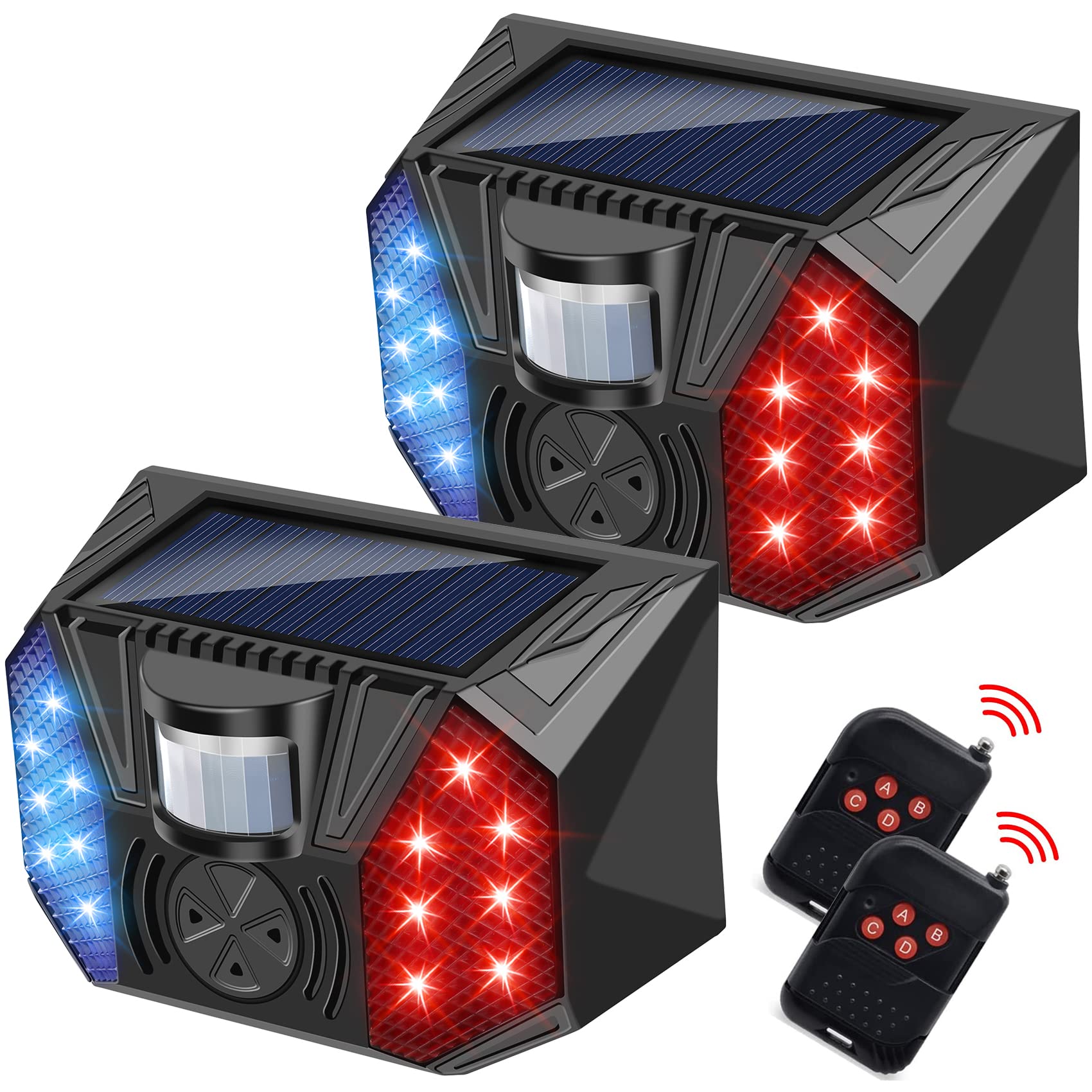 Solar Strobe Warning Lights with Motion Sensor - 129dB Waterproof Alarm, 4 Modes Security Siren Light for Farm, Warehouse, Yard, Home & Barn Protection (2 Pack with Remote) - Ideal for Outdoor Security, Animal Deterrent & Emergency Alert