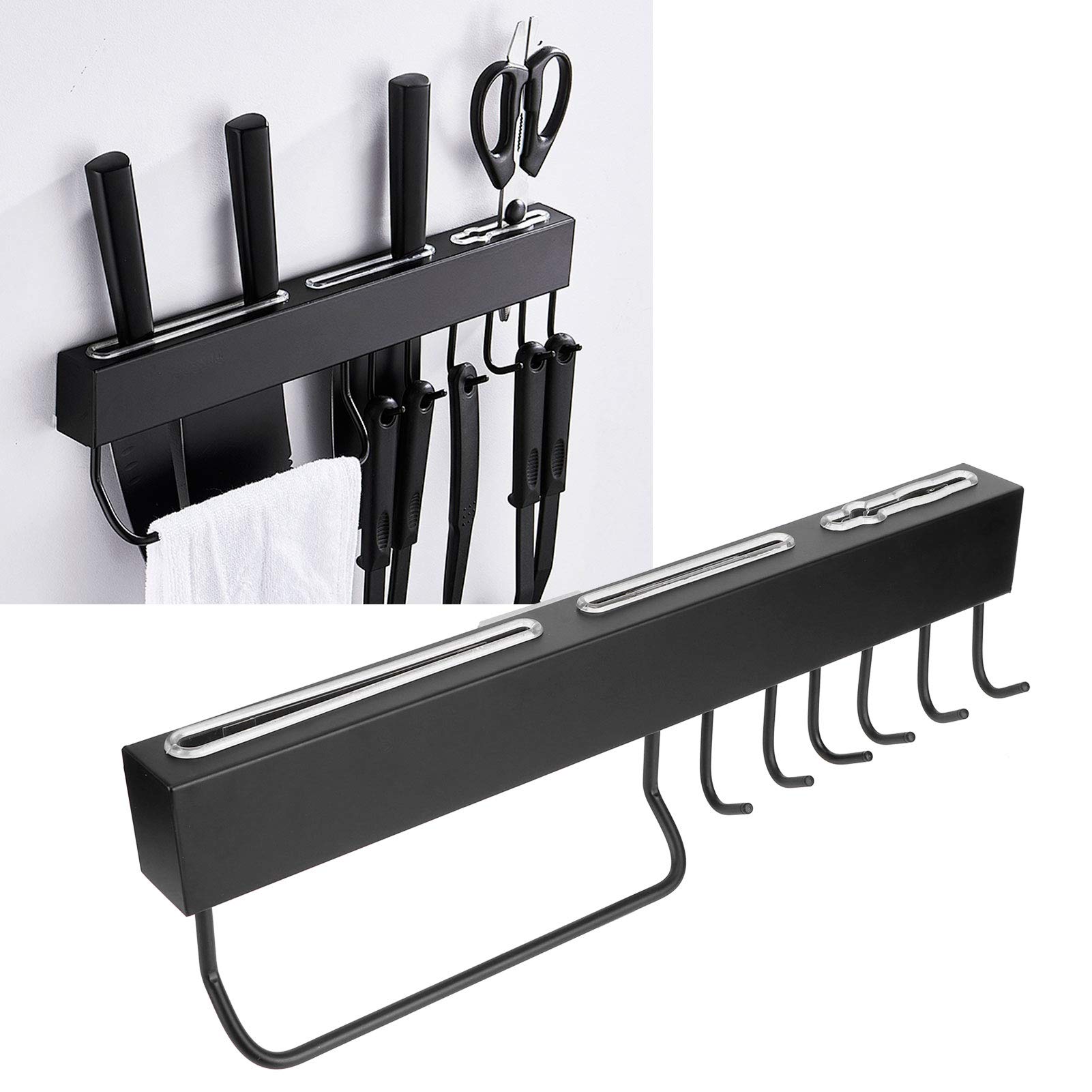 Upgraded 40cm Wall Mounted Hanging Pot Rack Organizer - Space Saving Kitchen Utensil Holder with Towel Hooks for Knives, Spoons & Cooking Tools | Perfect for Small Kitchens, Apartments & RV Cooking Spaces