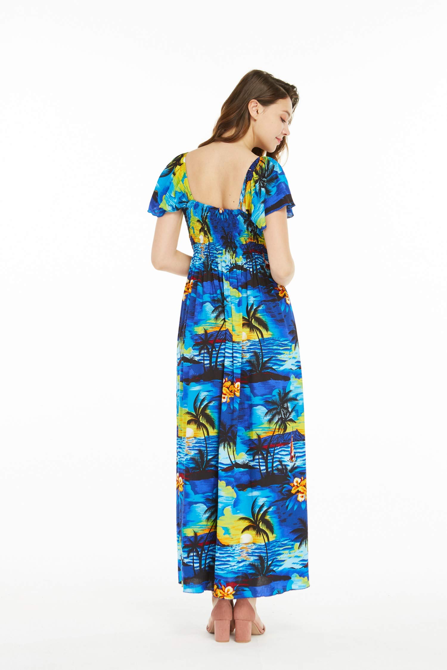 Women's Hawaiian Maxi Dress with Ruffle Sleeves - Sunset Print Floral Beach Dress for Vacation, Summer Party & Tropical Getaway