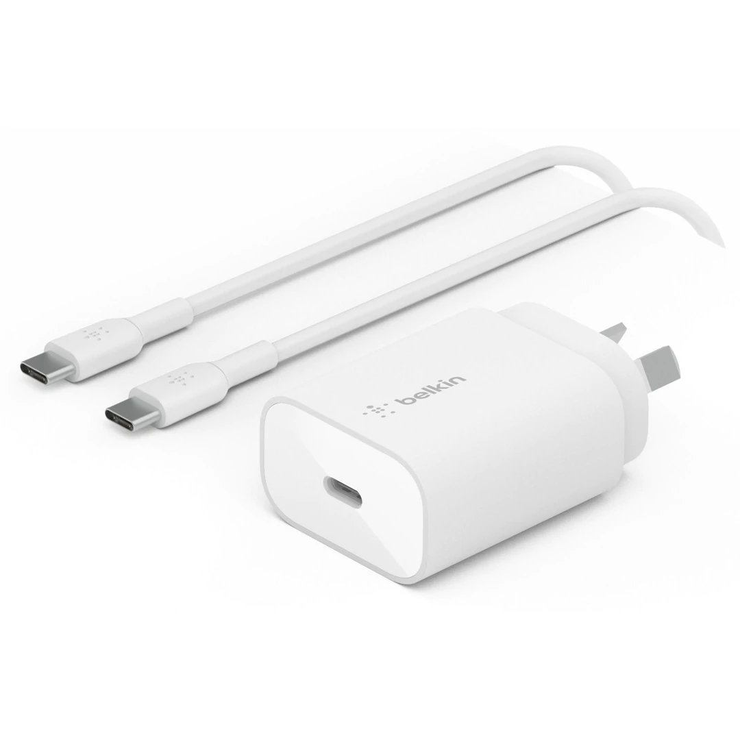 Belkin 25W PD PPS Fast Wall Charger with 1M USB-C to USB-C Cable - White | Compatible with iPhone 15, Samsung Galaxy, iPad & More | Perfect for Home, Office & Travel Charging