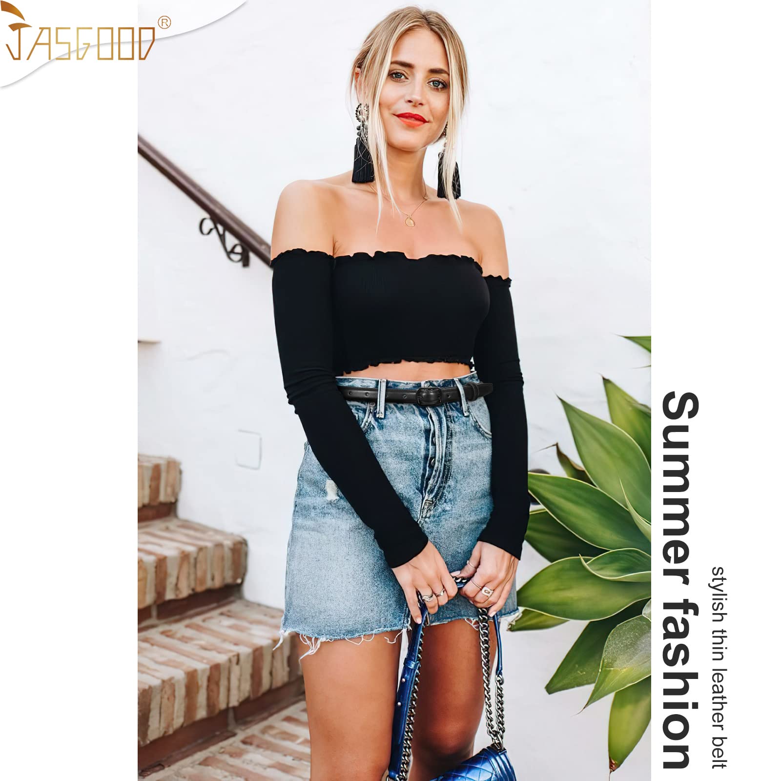 JASGOOL Women's Skinny Belt for Jeans - Thin Leather Waist Belt with Black Metal Prong Buckle - Perfect for Casual Outfits, Office Wear & Date Nights