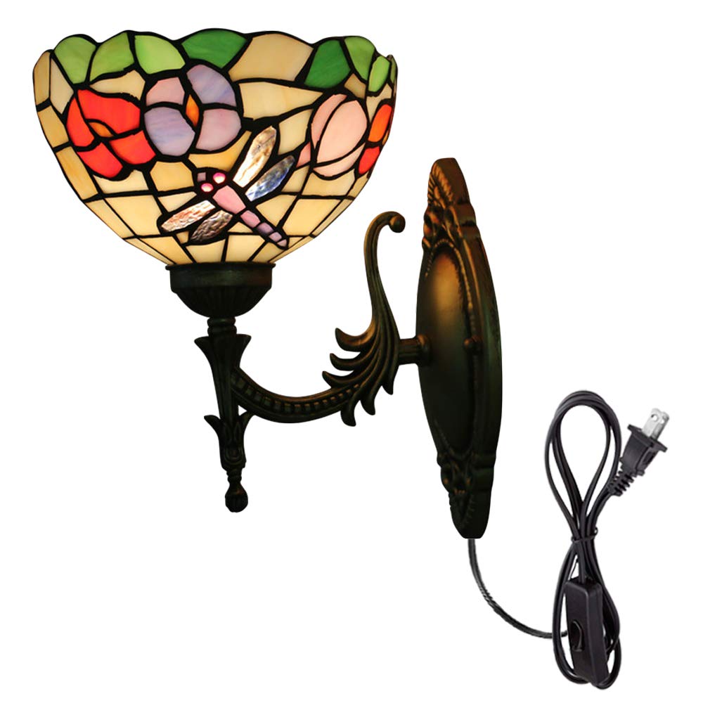 Handcrafted Tiffany Style Wall Sconce with UL Plug-in Cord - Antique Louis Comfort Tiffany Inspired Stained Glass Shade Light Fixture for Living Room, Bedroom & Hallway Decor