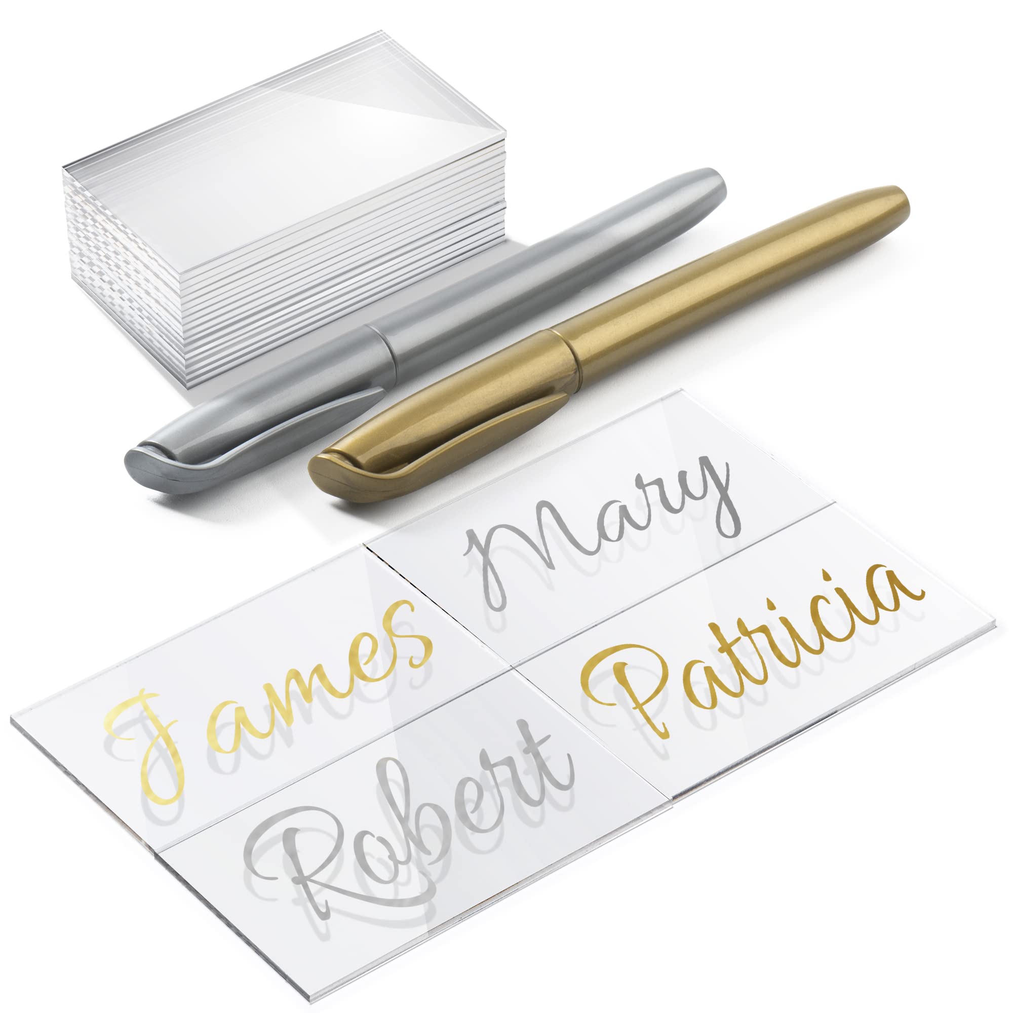 Srenta 24-Pack Clear Acrylic Place Cards for Wedding, Party & Event Table Settings - DIY Blank Name Cards with Silver & Gold Markers (3.54