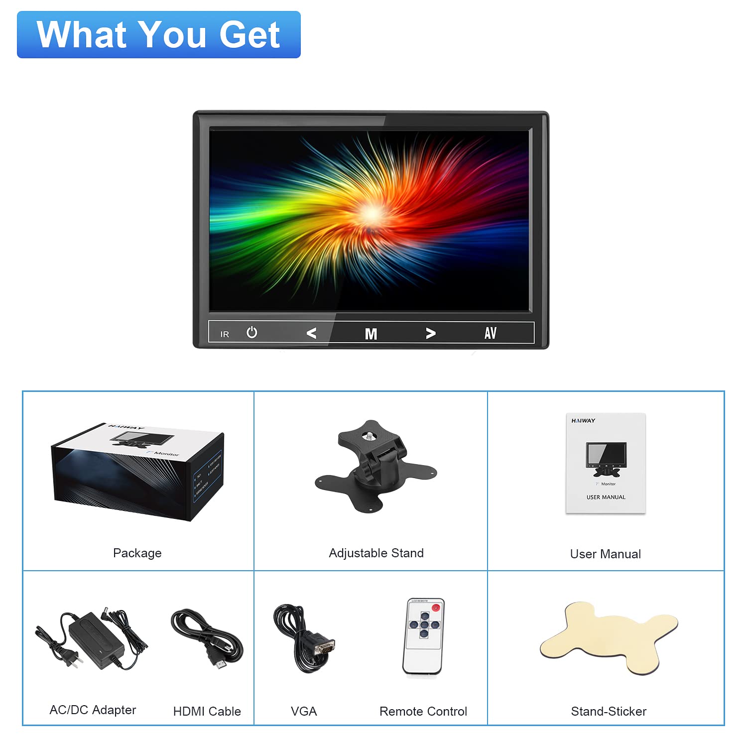 7 Inch Mini Monitor with 1024x600 IPS Display, HDMI & VGA Inputs, Built-in Speakers & Earphone Jack, Remote Control for PC, CCTV, Raspberry Pi, Security Camera, Gaming, and Home Office Use
