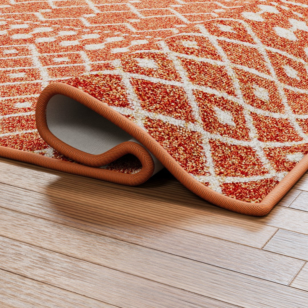Eviva Grid 8' x 10' Geometric Orange and Cream Area Rug - Modern Boho Chic Living Room Decor, Bedroom Accent Rug for Home Office & Dorm