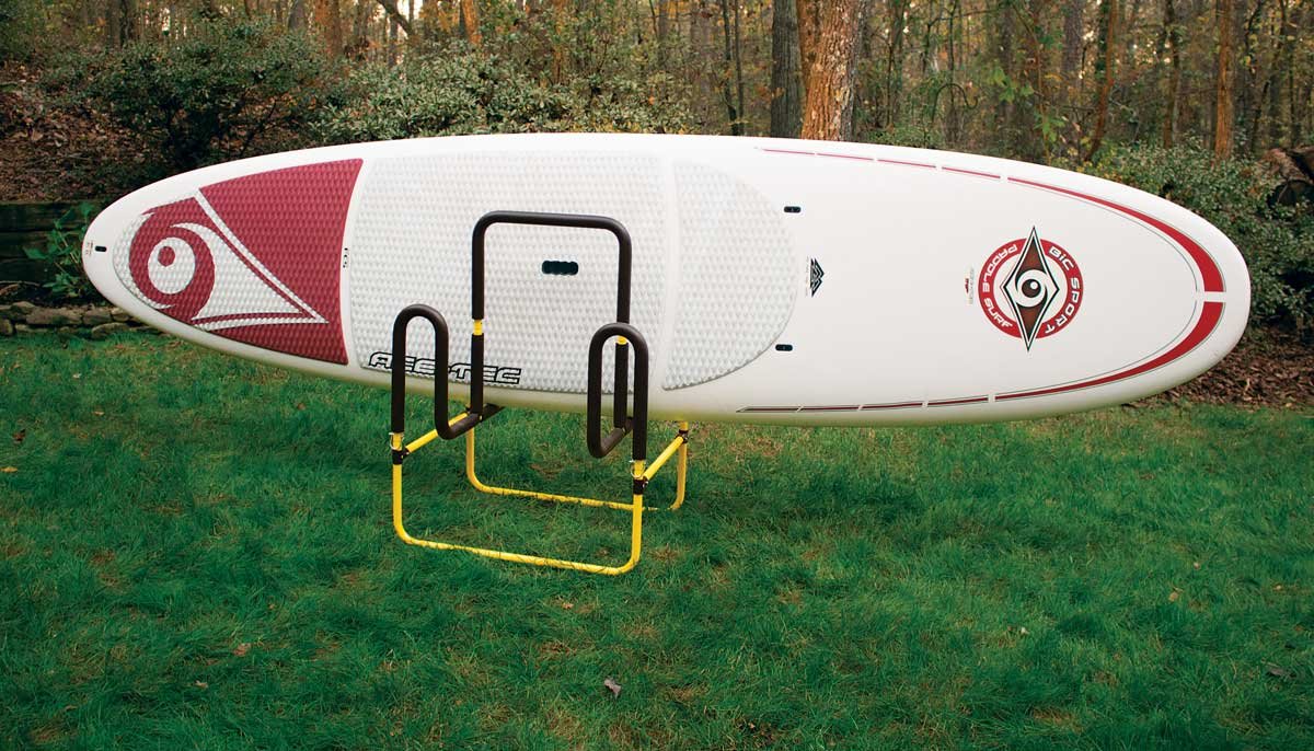 Suspenz Stand Up Paddle Board Cart & Stand - Double SUP/Surfboard Carrier & Trolley Convertible to Storage Rack for 2 Boards - Yellow (22-9935) - Perfect for Beach, Lake & Water Sports Transport