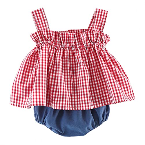 SRTUMEY 2-Piece Baby Girl Outfit Set - Summer Sleeveless Plaid Top & Denim Shorts | Toddler Girl Clothes for Playdates & Outdoor Activities