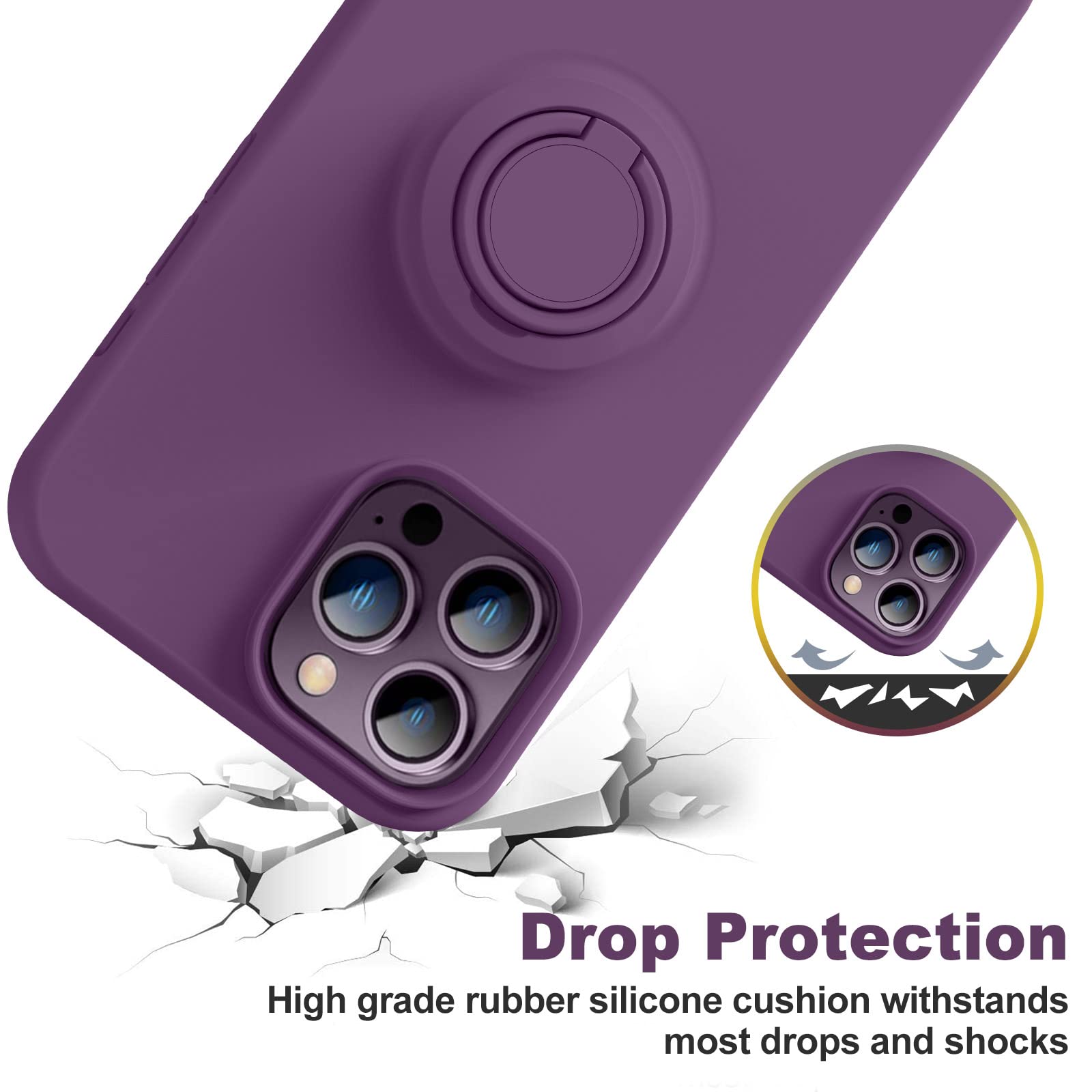 Premium Soft Liquid Silicone Shockproof iPhone 14 Pro Case with Ring Stand Holder - 6.1 Inch Slim Protective Cover with Scratch-Resistant Microfiber Liner (Grape Purple) - Perfect for Everyday Use, Travel, and Hands-Free Viewing