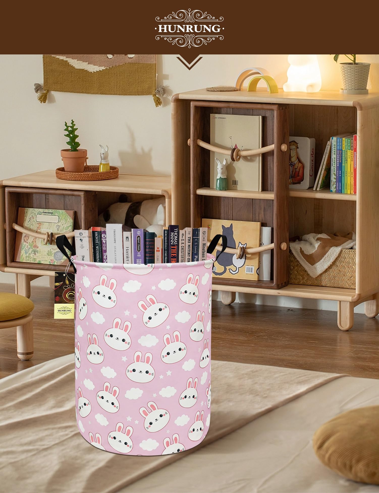 HUNRUNG Large Collapsible Laundry Hamper - Waterproof Canvas Fabric Storage Basket for Dirty Clothes & Toy Organizer - Lightweight Portable for College Dorms, Kids Room, Nursery (Cute Rabbit Design) - Perfect for Laundry, Closet Organization & Playroom Storage