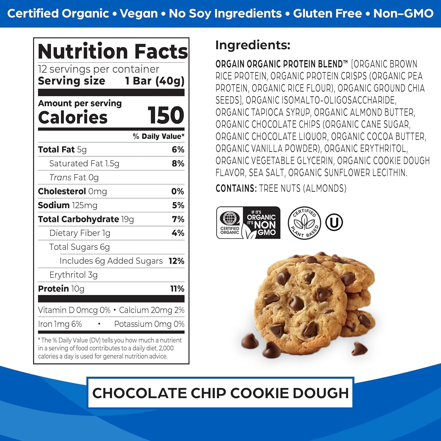 Orgain Organic Vegan Protein Bars, Chocolate Chip Cookie Dough - 10g Plant-Based Protein, Low Calorie Healthy Snacks, Gluten Free, Non-GMO, No Lactose or Soy (Pack of 12) - Perfect for Post-Workout Recovery, On-the-Go Energy & Keto Diet Snacking