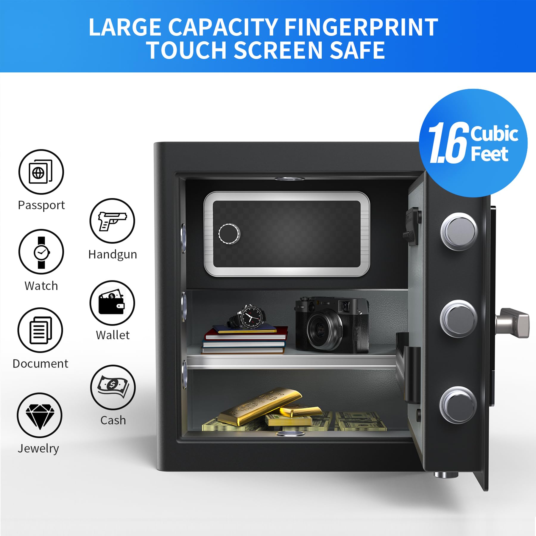 RPNB Deluxe Home Safe - Smart Touch Screen Biometric Fingerprint Security Safe with Voice Prompt, One-Touch Unlock, Interior Box & Dual Alarm | 1.6 Cubic Feet for Home, Office, Hotel & Travel Security Protection | Perfect for Storing Cash, Jewelry, Documents & Valuables