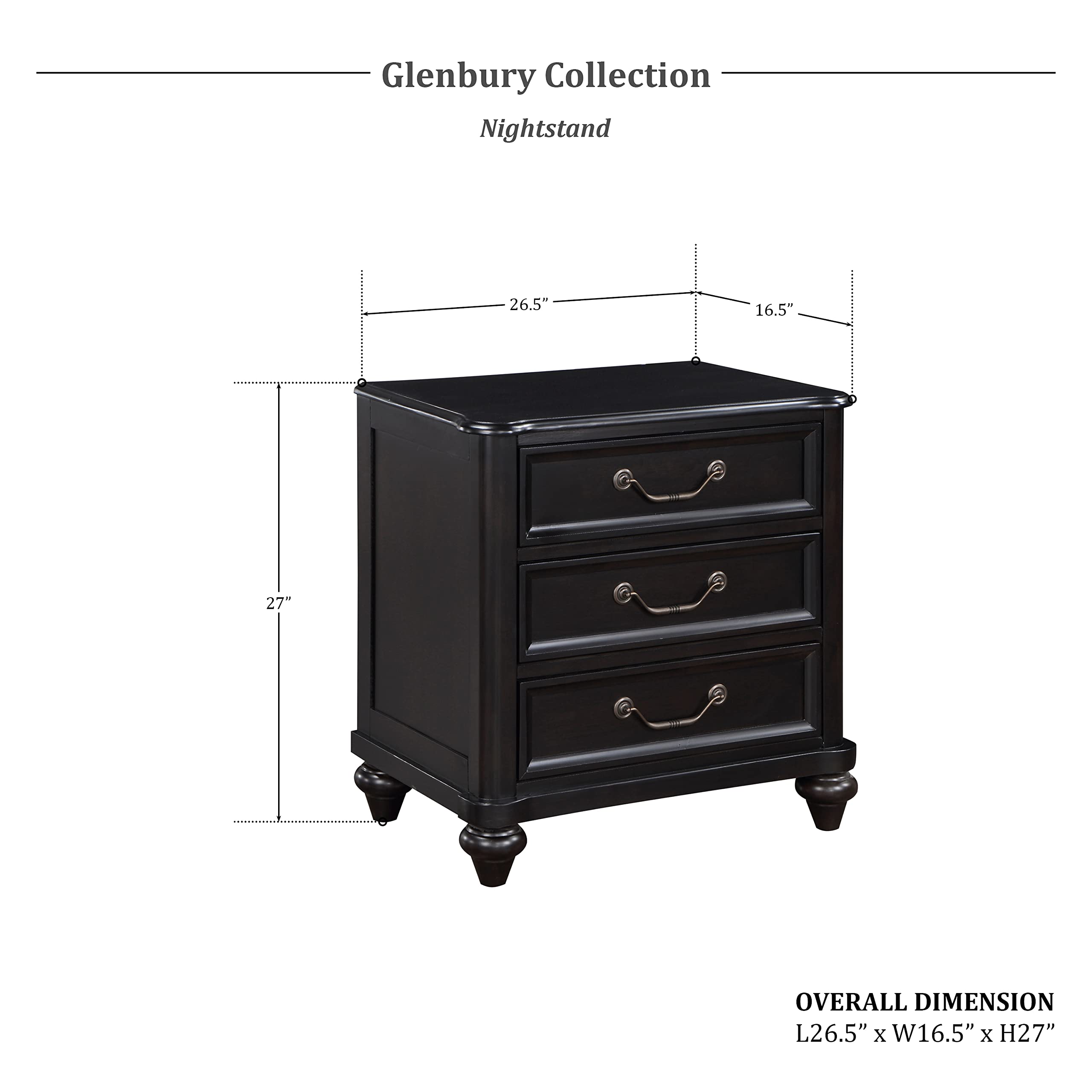 Lexicon Glenbury 3-Drawer Nightstand in Charcoal Brown - Modern Bedside Table for Bedroom with Storage Space - Perfect for Bedroom, Guest Room or Apartment