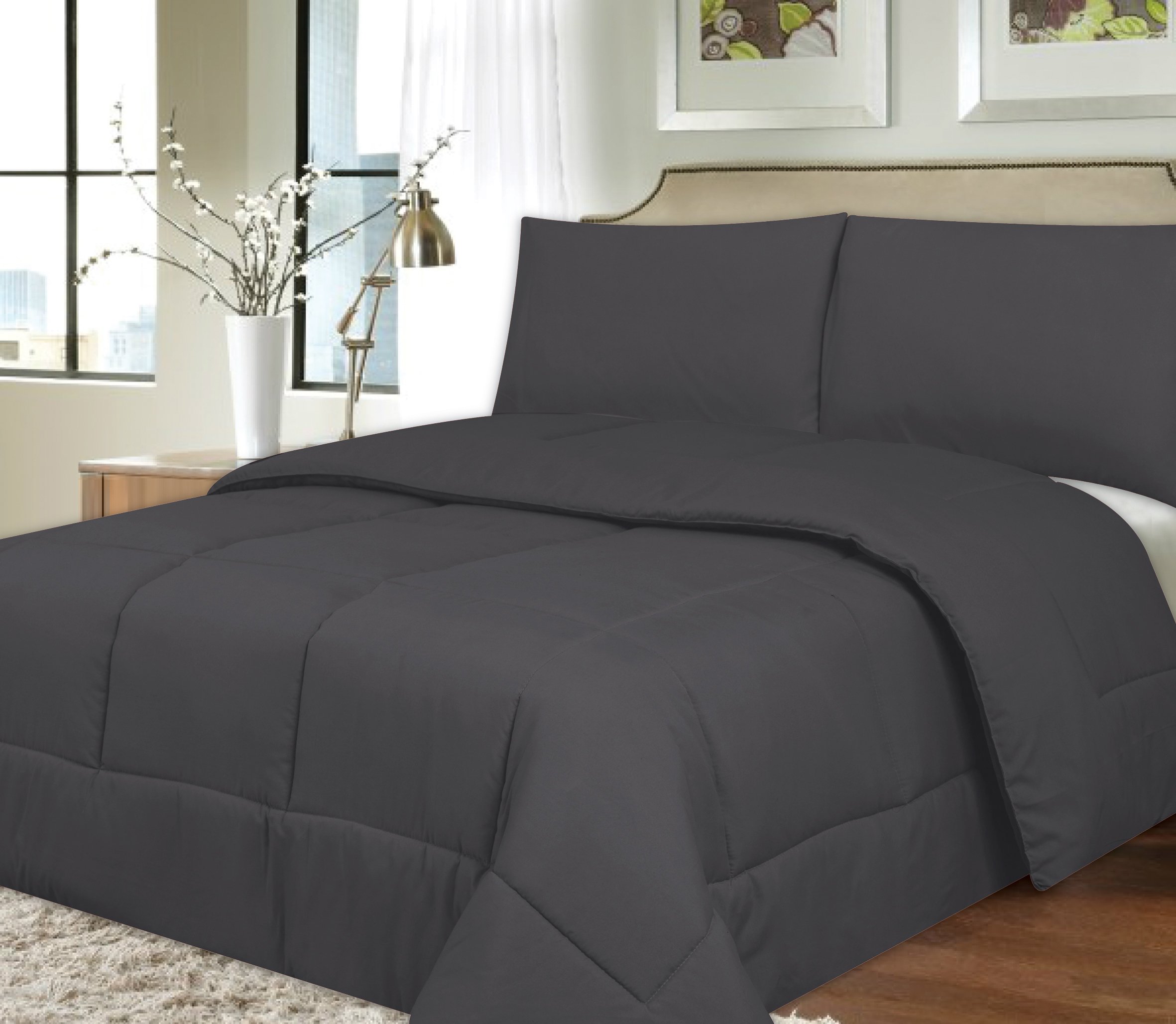 Sweet Home Collection Down Alternative Polyester Comforter - Hypoallergenic Box Stitch Microfiber Bedding Set for Twin Size Bed, Soft Gray - Perfect for Allergy Sufferers & Cozy Bedroom Decor