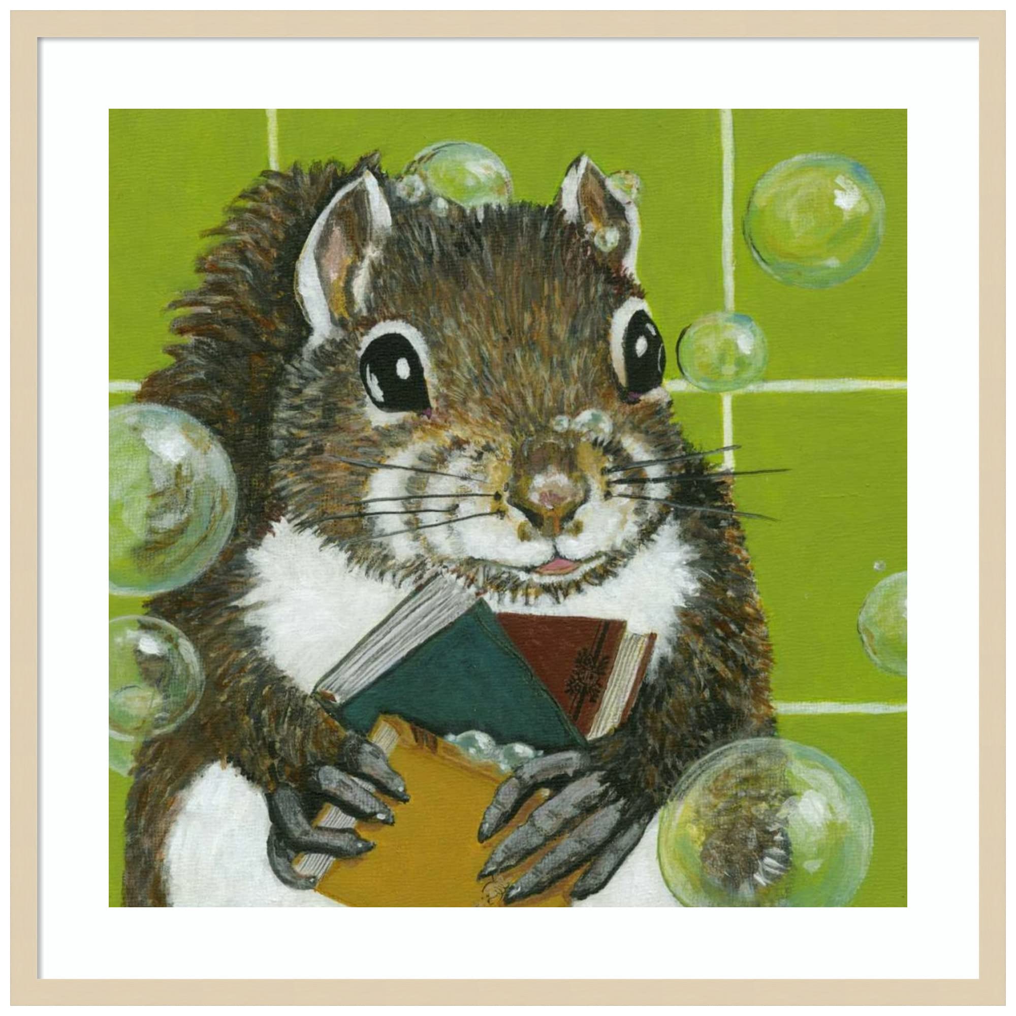 Amanti Art Wood Framed Wall Decor - Bubbles Squirrel Painting by Dlynn Roll, 33x33 Inch Large Natural Wood Frame - Perfect for Living Room, Bedroom & Office Wall Art