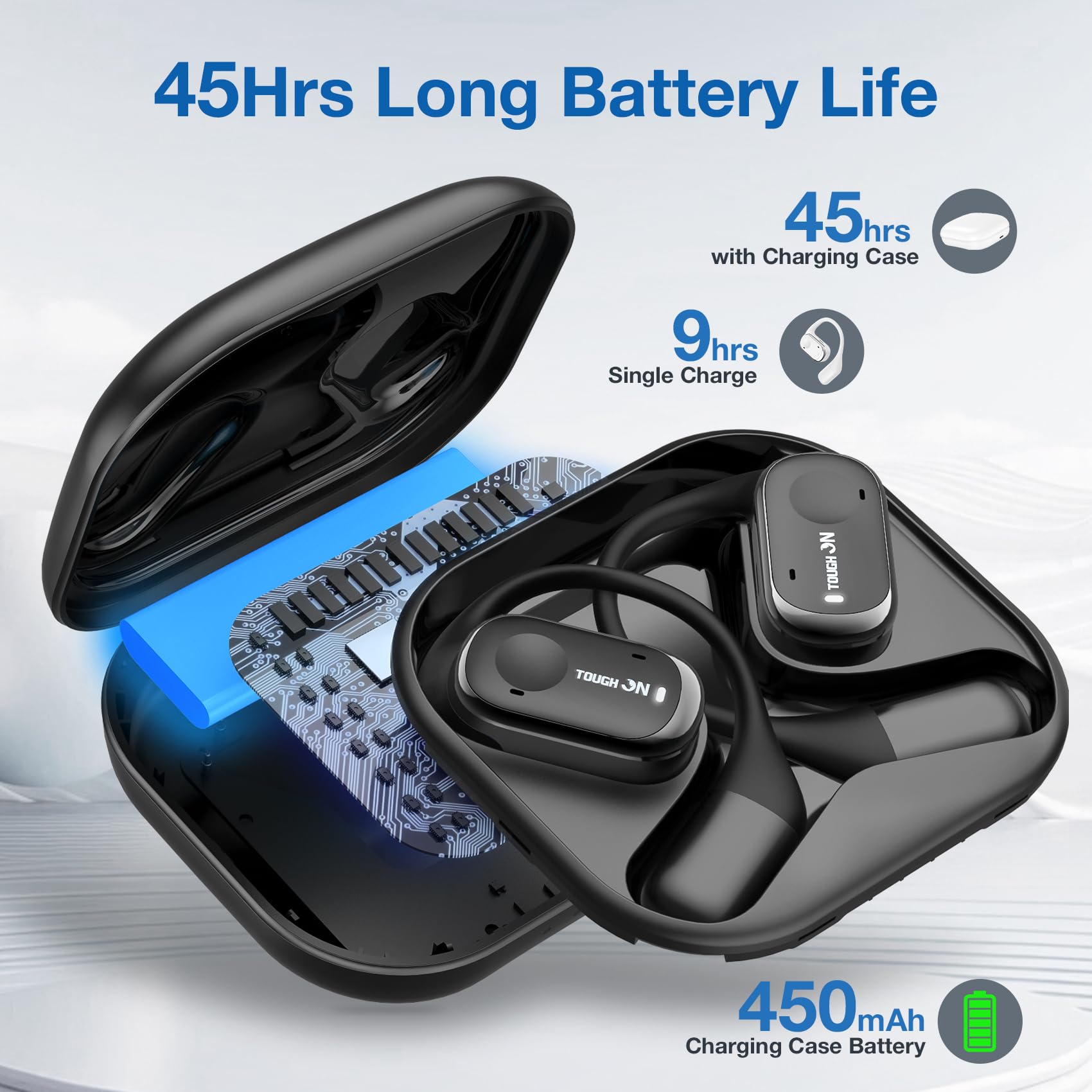 True Open Ear Bluetooth 5.3 Earbuds with Mic & ENC - 45H Playtime for Gym/Running