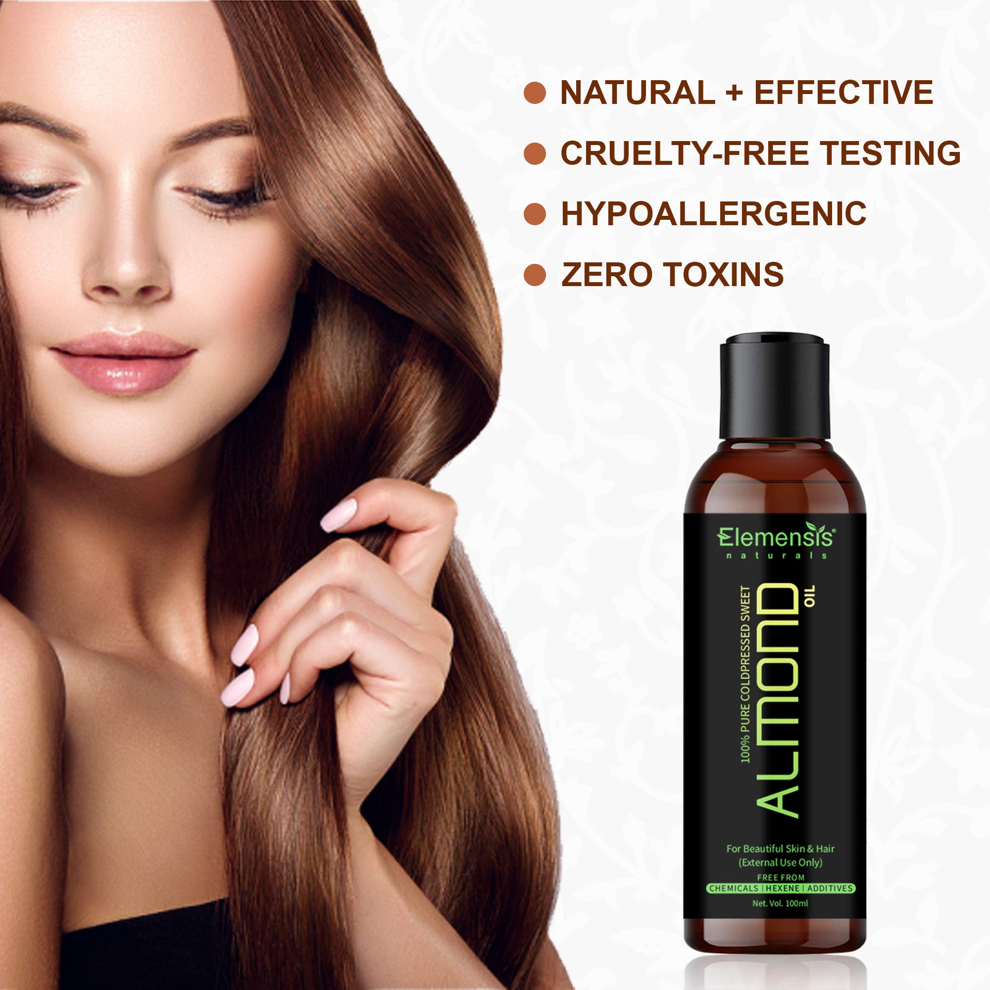 Elemensis Naturals 100% Pure Cold Pressed Almond Oil for Hair Growth & Skin Care - 100ml | Natural Moisturizer for Dry Scalp, Split Ends & Glowing Skin