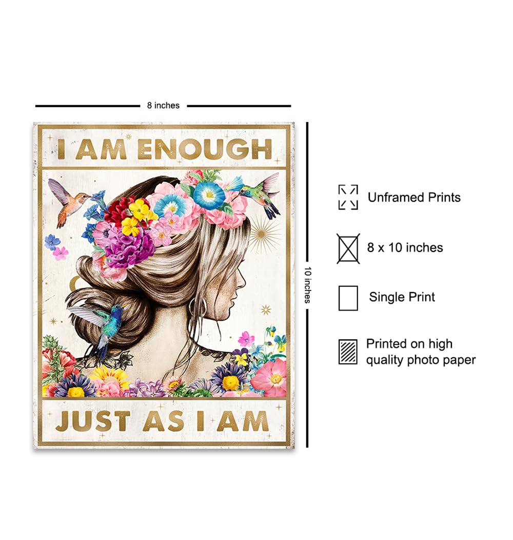 Inspirational Wall Art with Positive Quotes - Motivational Affirmations for Women & Teens - Zen & Boho Chic Room Decor - Perfect for Bedroom, Office & Daughter Gifts - 'I Am Enough' Poster