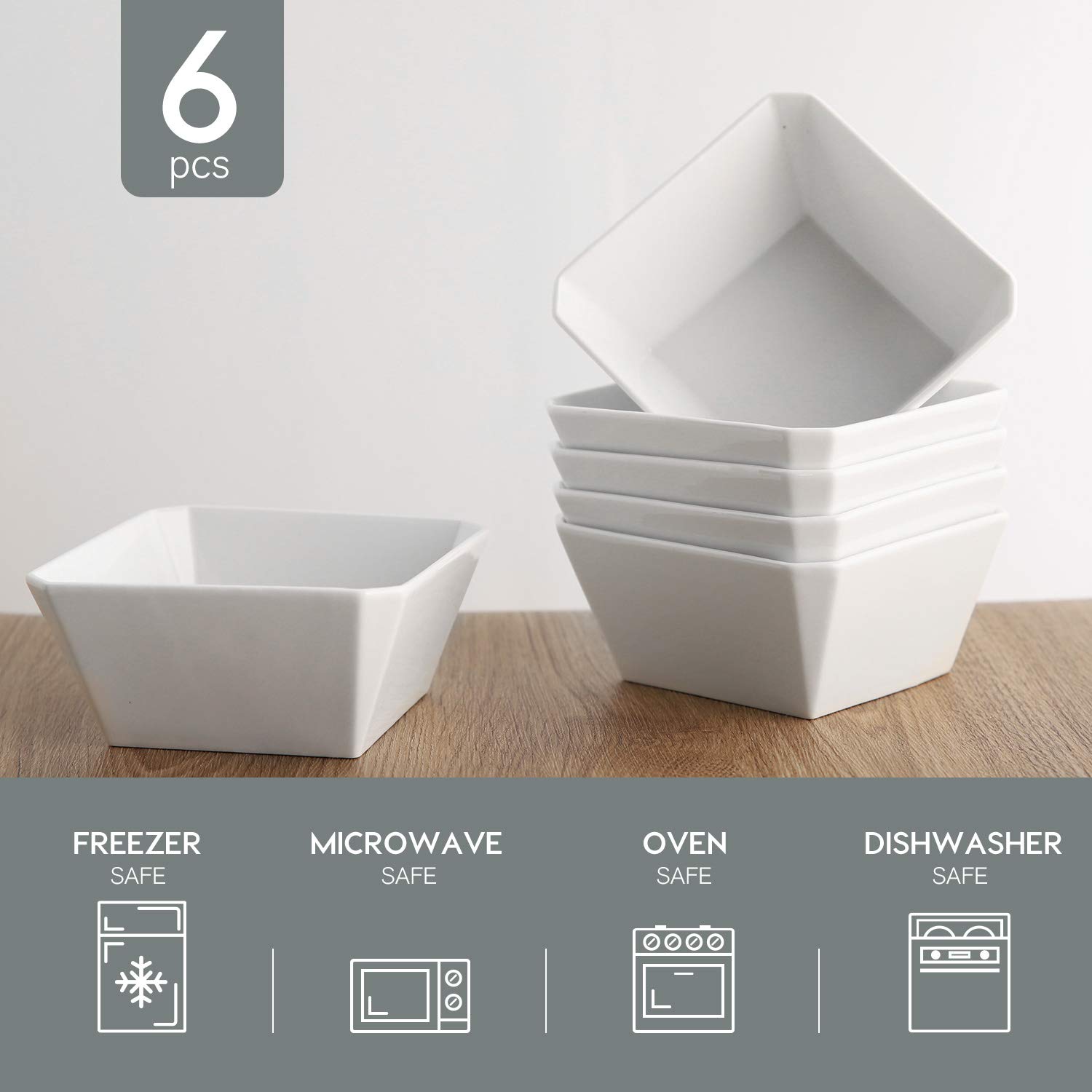 16oz Porcelain Cereal Bowls Set of 6 - Square White Ceramic Bowls for Soup, Salad & Dessert | Dishwasher & Microwave Safe | Perfect for Dining & Entertaining