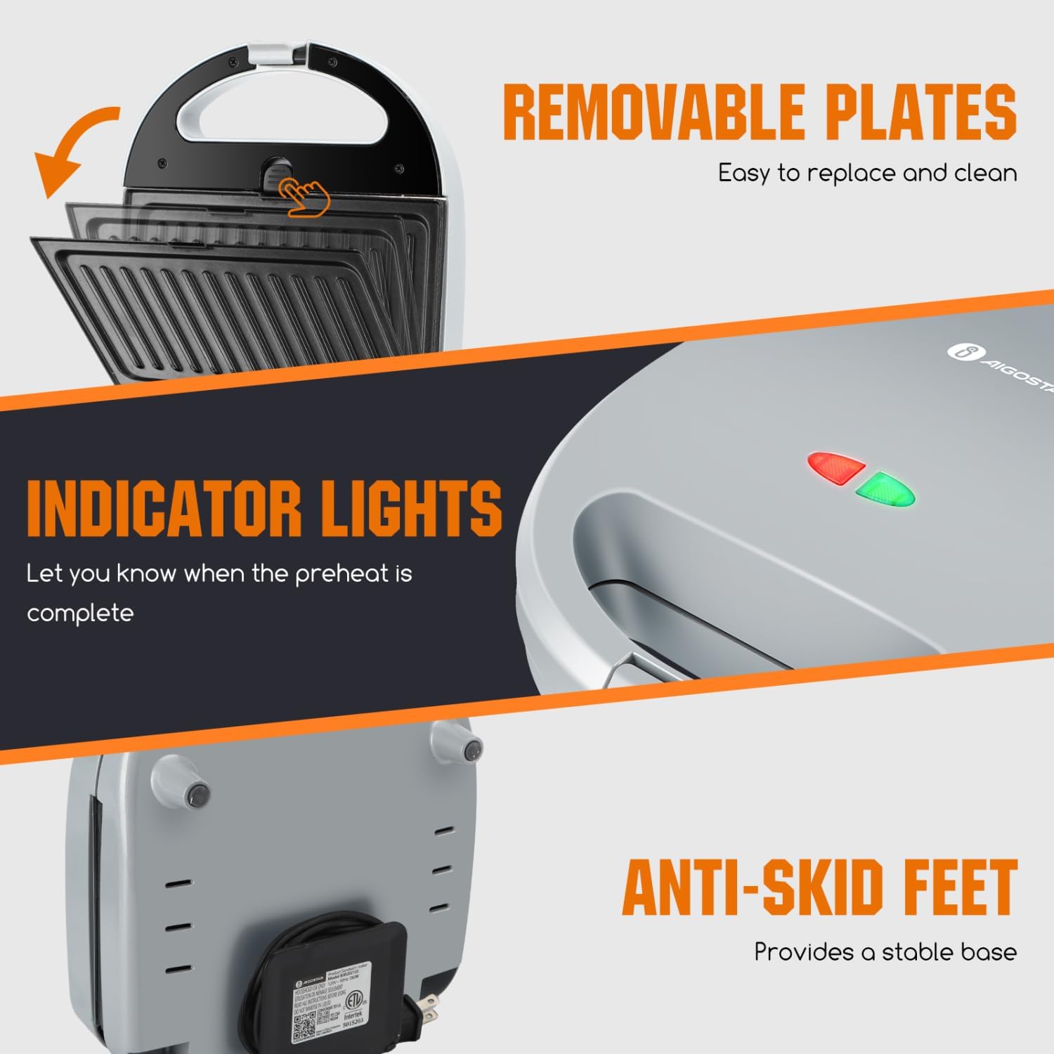 Aigostar 3-in-1 Electric Sandwich Maker & Panini Press Grill with Removable Non-Stick Plates, Waffle Maker, Grilled Cheese Maker - 750W, Cool-Touch Handle, LED Indicator, Easy to Clean - Perfect for Breakfast, Snacks, Parties & Camping