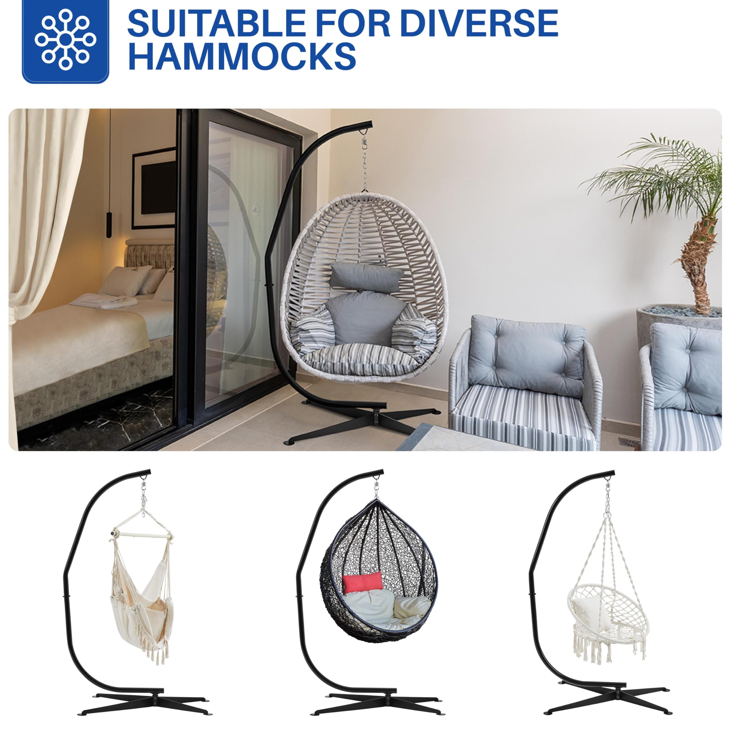 Yaheetech Heavy Duty Hammock Chair Stand - 300lb Weight Capacity C-Stand with Buckle & S-Hook for Hanging Chairs, Swings - Free Rotation Design for Indoor/Outdoor Use in Bedroom, Patio, Garden Relaxation