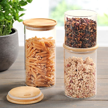 Premium Bamboo Glass Storage Jars - Airtight Kitchen Containers for Flour, Sugar & Dry Food (Set of 3) - Perfect for Pantry Organization & Bulk Food Storage