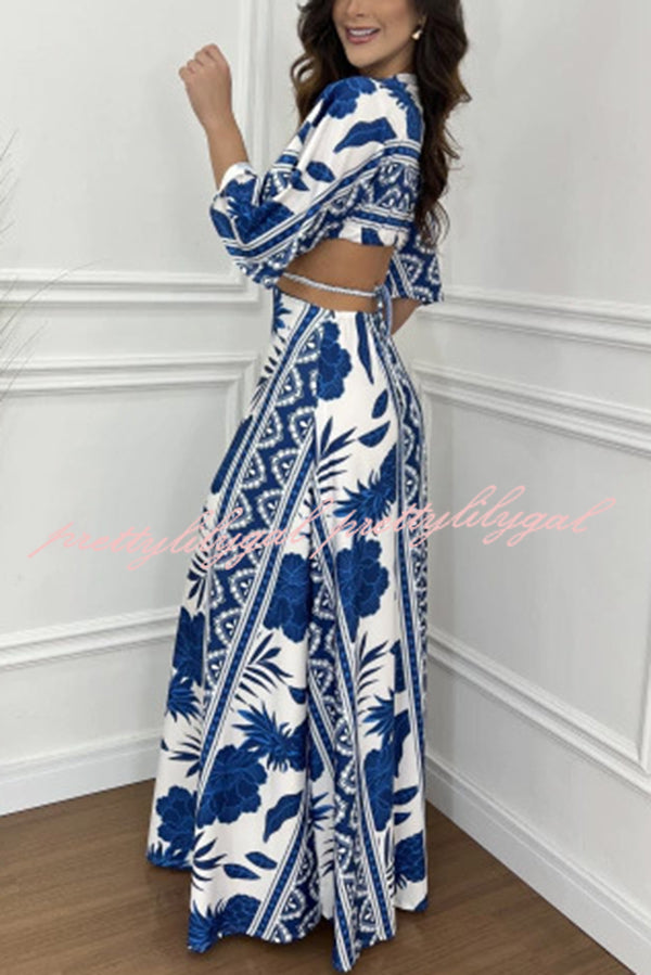Wilma Unique Print Cutout Elastic Waist Tie Up Kimono Sleeve Maxi Dress - Women's Flowy Summer Beach Cover Up Dress for Vacation, Party & Boho Fashion